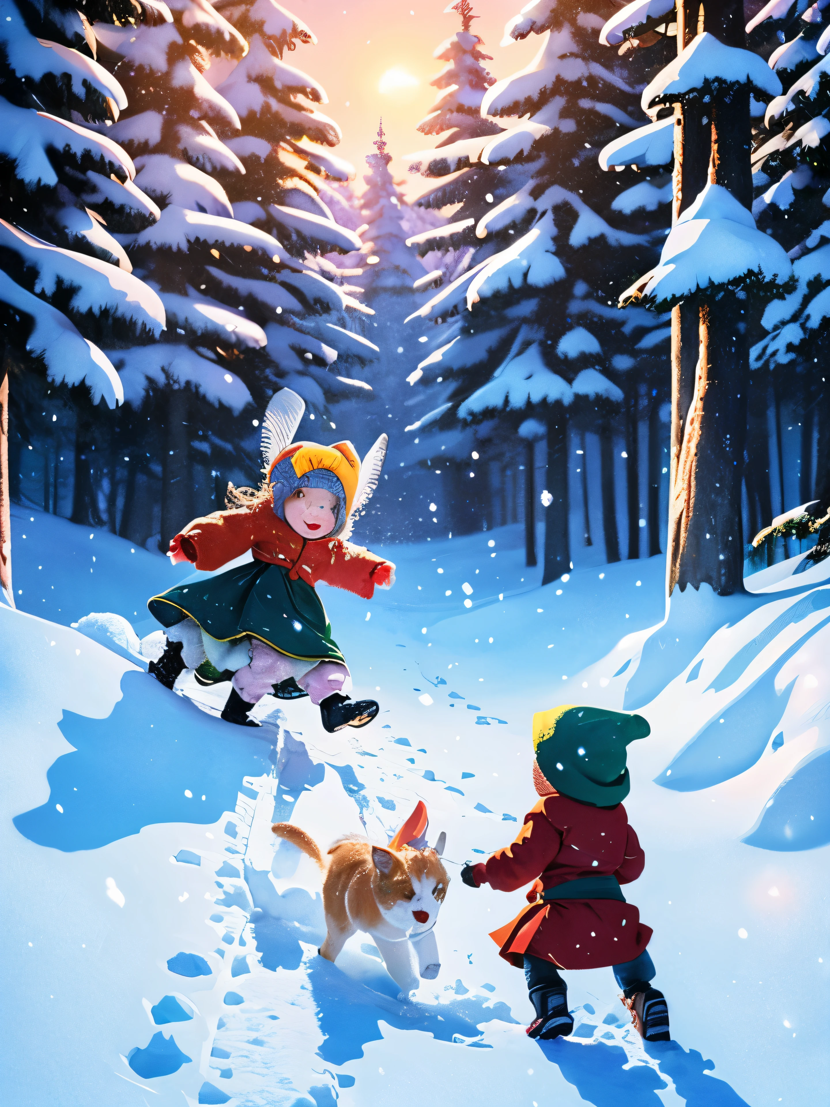 Illustration for a fairy tale about children, playing in the snow.