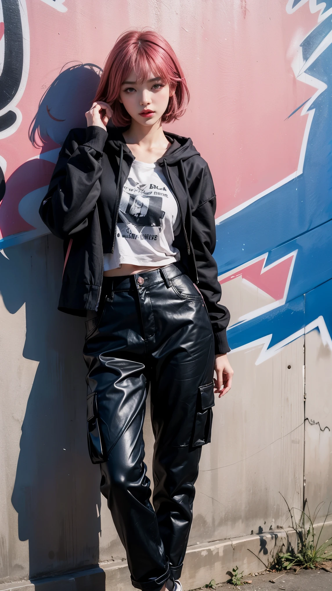 best quality, Clarity, 4k, 8k, detail, actual, Beautiful Girl, Korean makeup, Red lips, pink and blue wolf haircut, Perfect body, thigh, stand, pose standing, medium chest, black hoodies, black Cargo Box Pants, Solid graffiti wall background, Graffiti art,