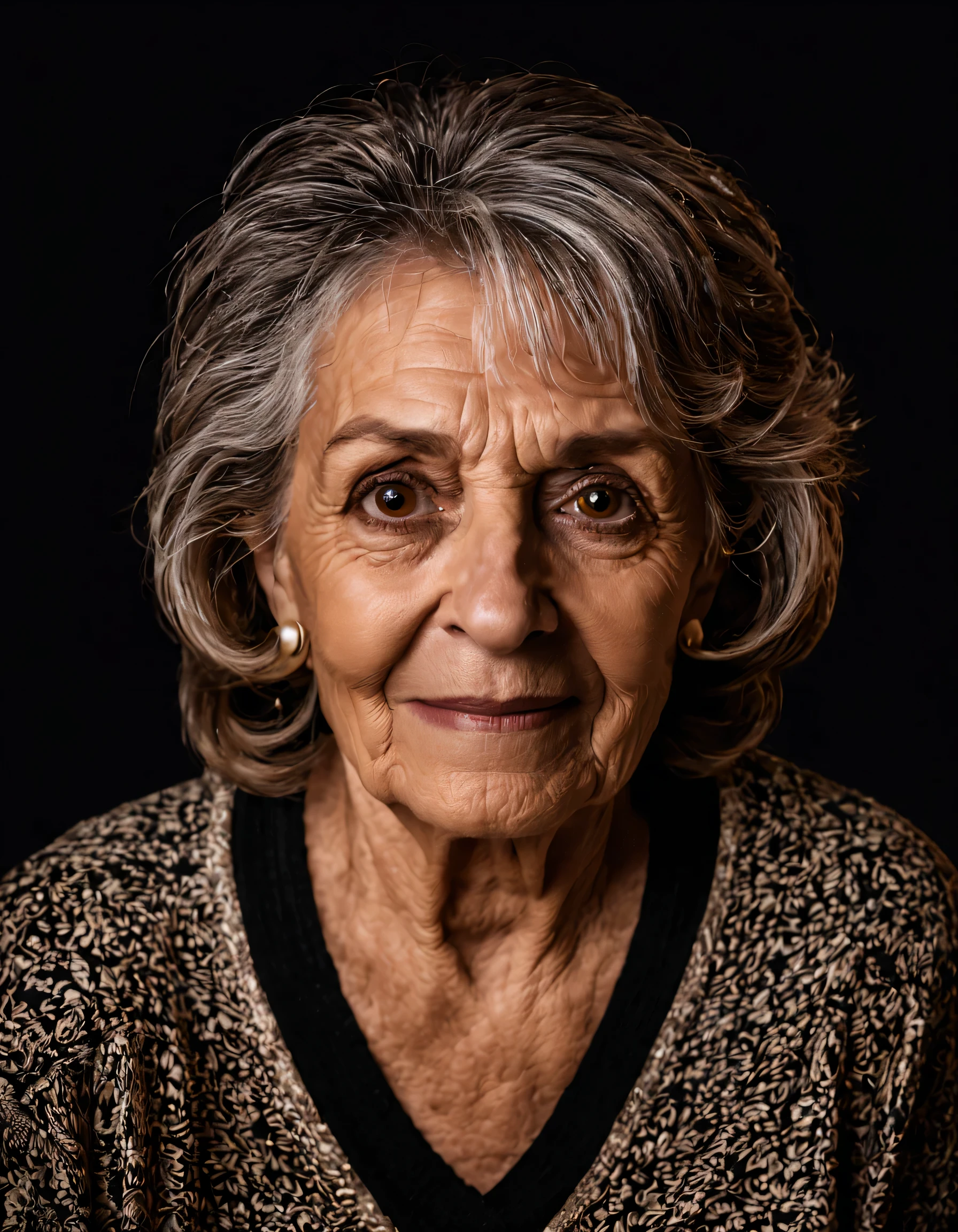 a photo of a friendly old brazilian woman alone