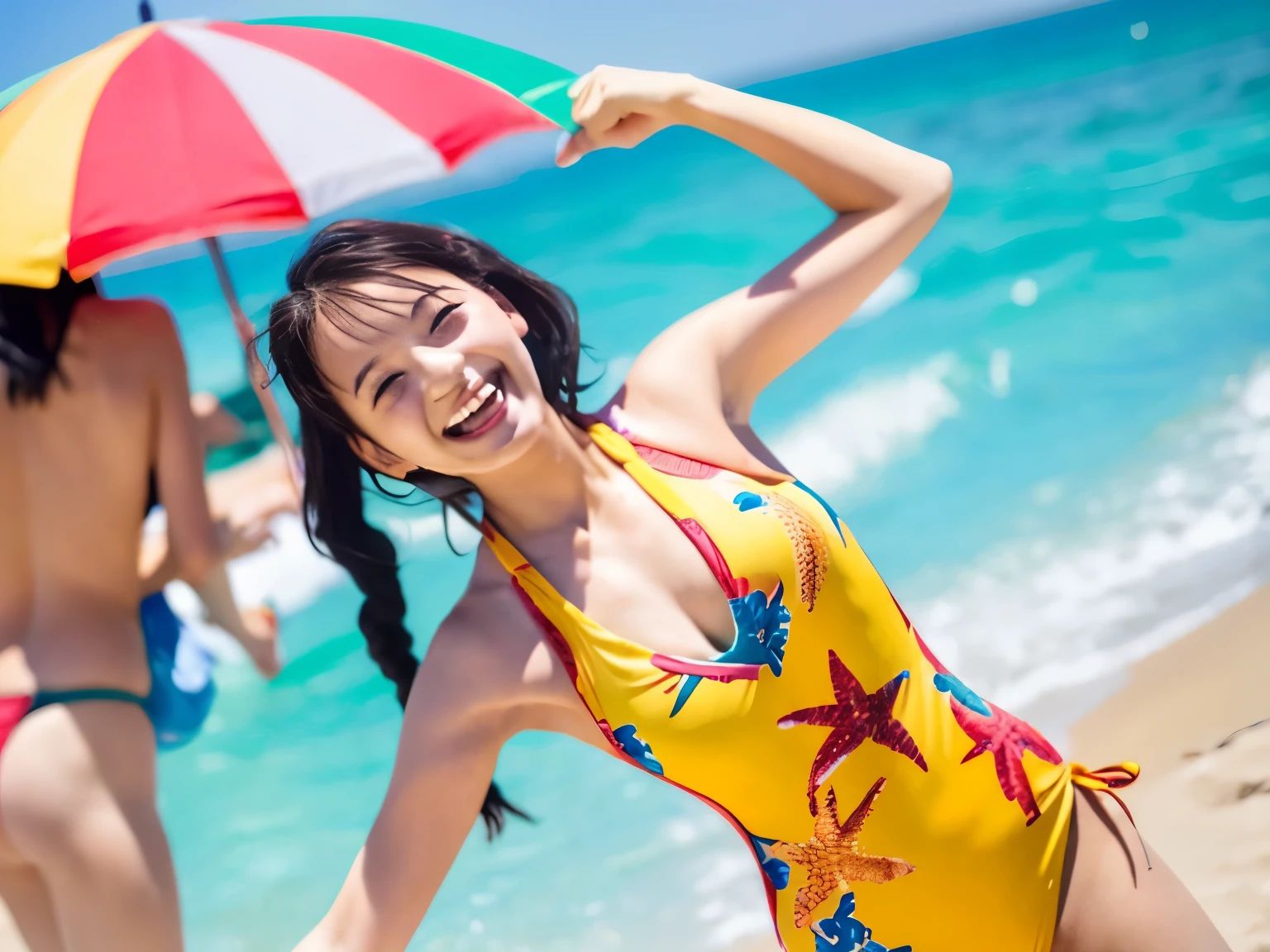 Capture the essence of a carefree day at the beach, where a sun-kissed girl in a vibrant hot one piece swimsuit enjoys the rhythmic dance of waves and the warmth of golden sands, surrounded by laughter and the vibrant colors of umbrellas and beach towels. 