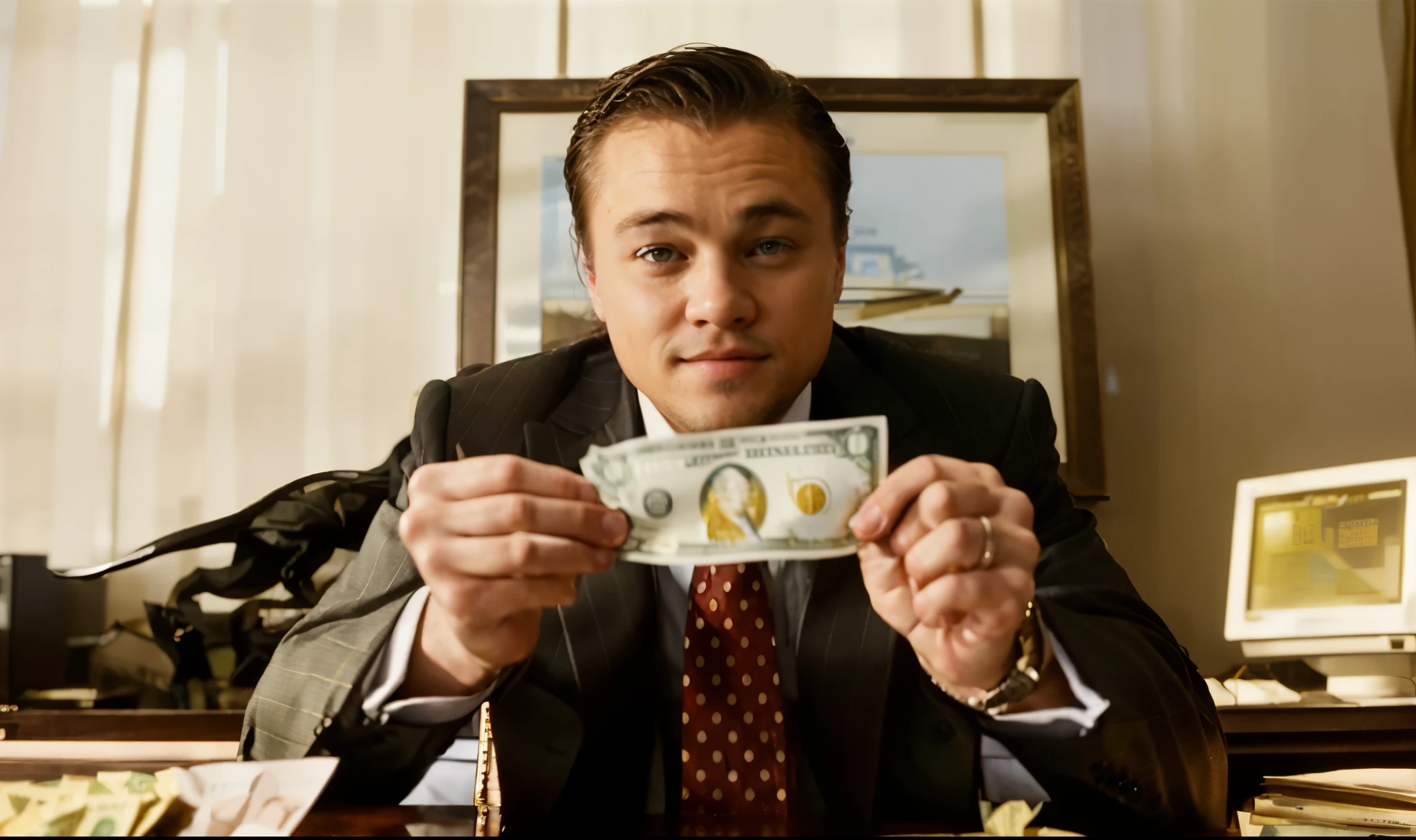 arafed man in a suit holding a dollar bill in front of a computer, the wolf of wall street, leonardo dicaprio, leonardo dicaprio meme, “leonardo dicaprio, leonardo dicaprio's face, from scene from inception, wall street, wealthy, portrait of leonardo dicaprio, inception, dollar bill, from a movie scene, sf, raining dollars