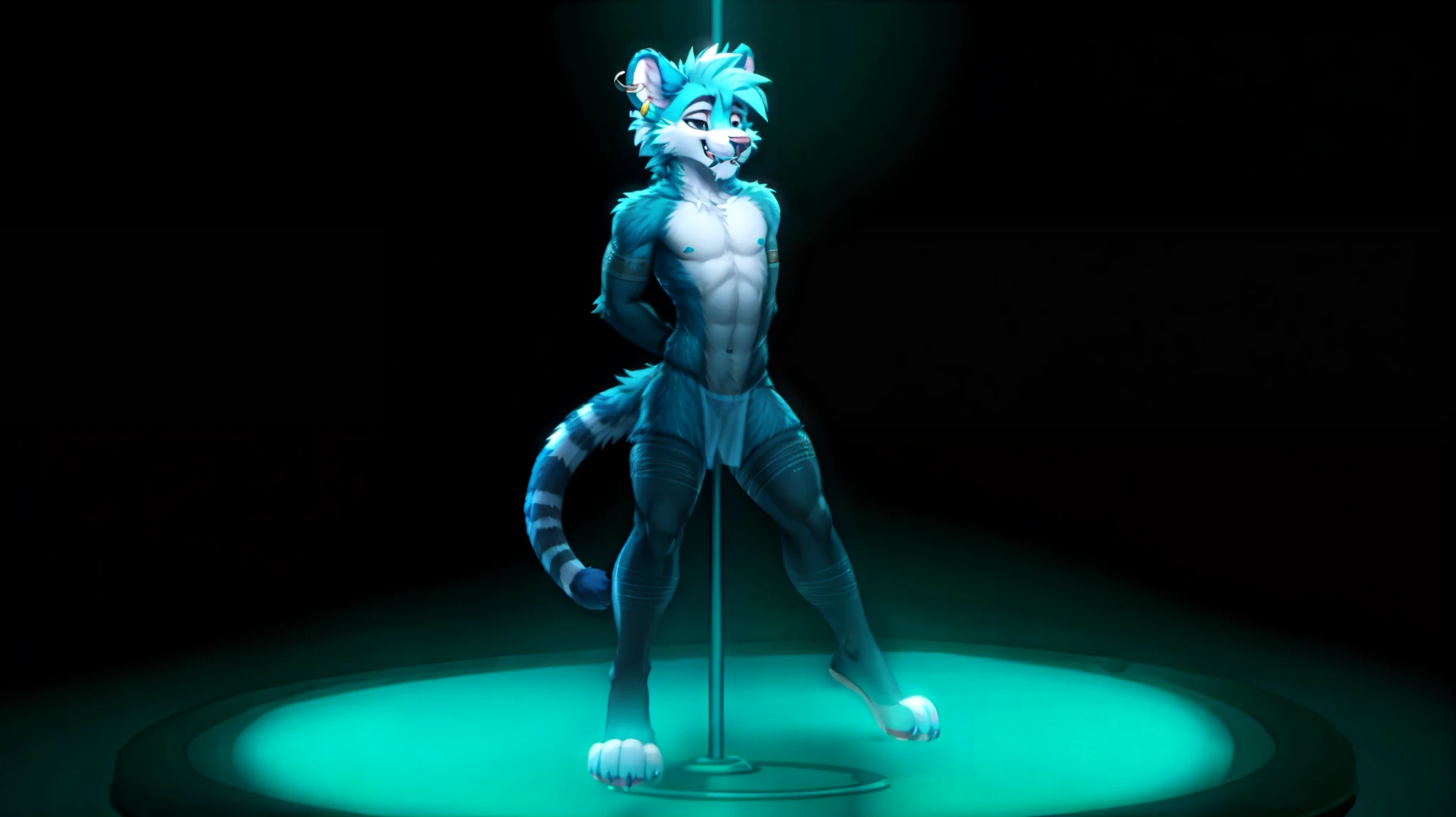A holographic projection, sabertooth, teal fur, black stripes, buff, thin , money rain, full-length_portrait, ear_rings, septum_piercing, male, thin, buff, manga,big buldge, stripper, stripping, HologramCzar