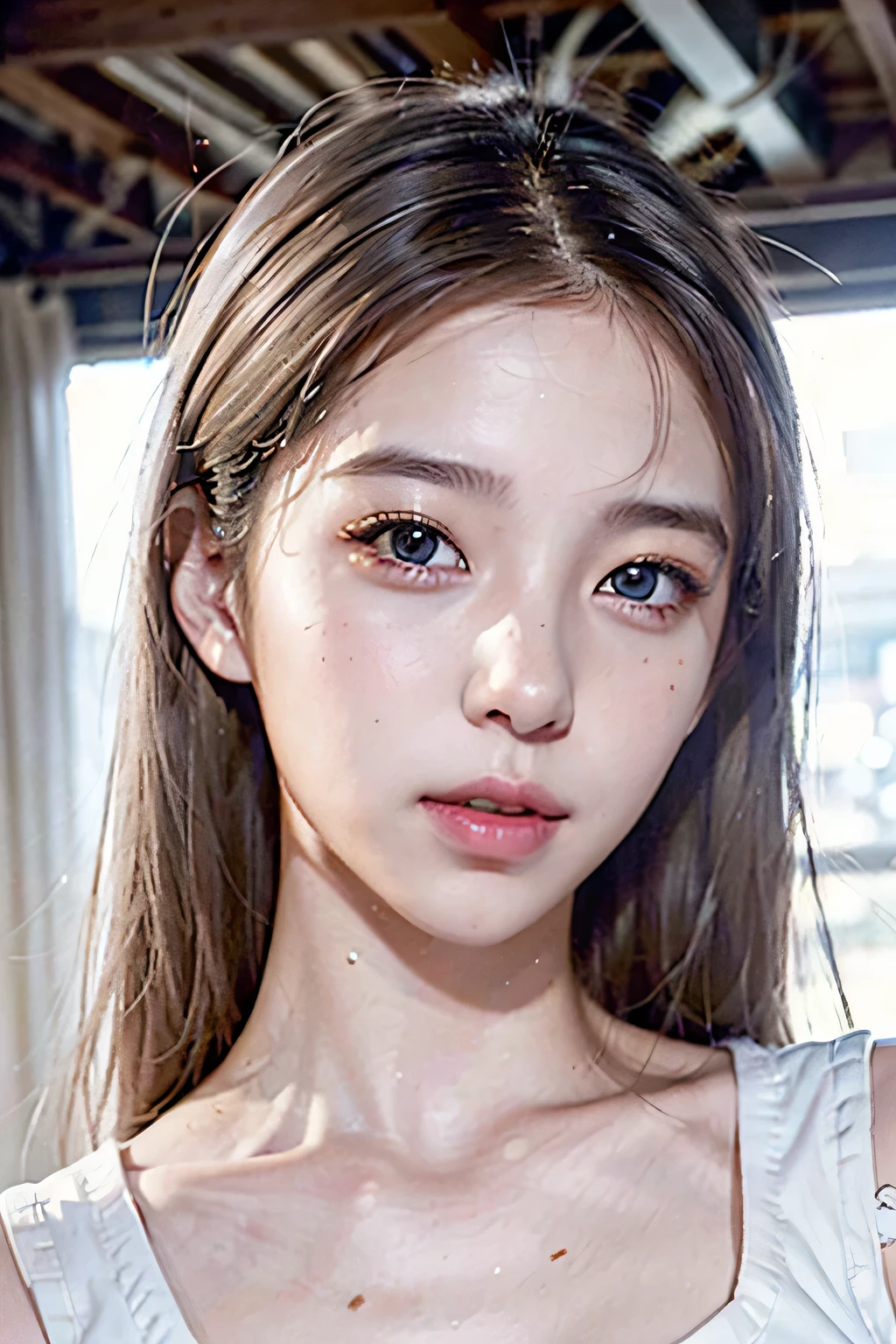 ８ｋ、High resolution、punk fashion、beautiful girl、young、white skin,、narrow eyes,high nose,lighting that illuminates the face、clear image、intellectual beauty、skinny、no makeup、anxious look、lighting that illuminates the face,shining hair、single eyelid,blue eyes