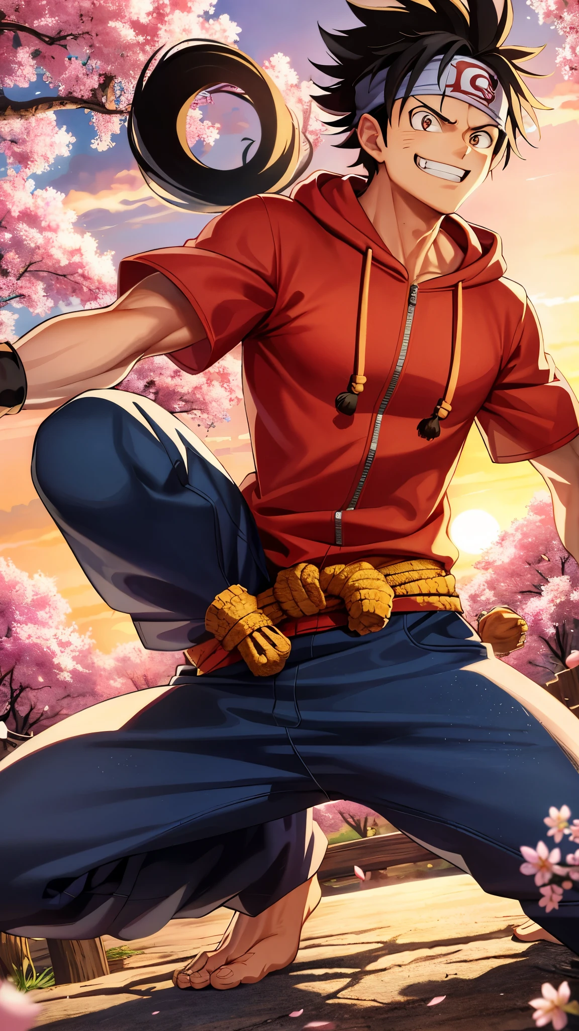 Ultra-detailed wide-angle portrait of Monkey D. Luffy in Ninja clothing inspired by Naruto anime, (Monkey D. Luffy: 1.1), human, rubber man, (Ninja clothing: 0.8), hoodie with hood up, jacket, pants with bandana design, arm bands, headband, wide stance, smirk, ninja sword in hand, hidden Leaf Village background, cherry blossom trees, Shinobi village, sunset, jungle setting, intense expression, dynamic pose, leaves falling, detailed cloth texture, water effect.