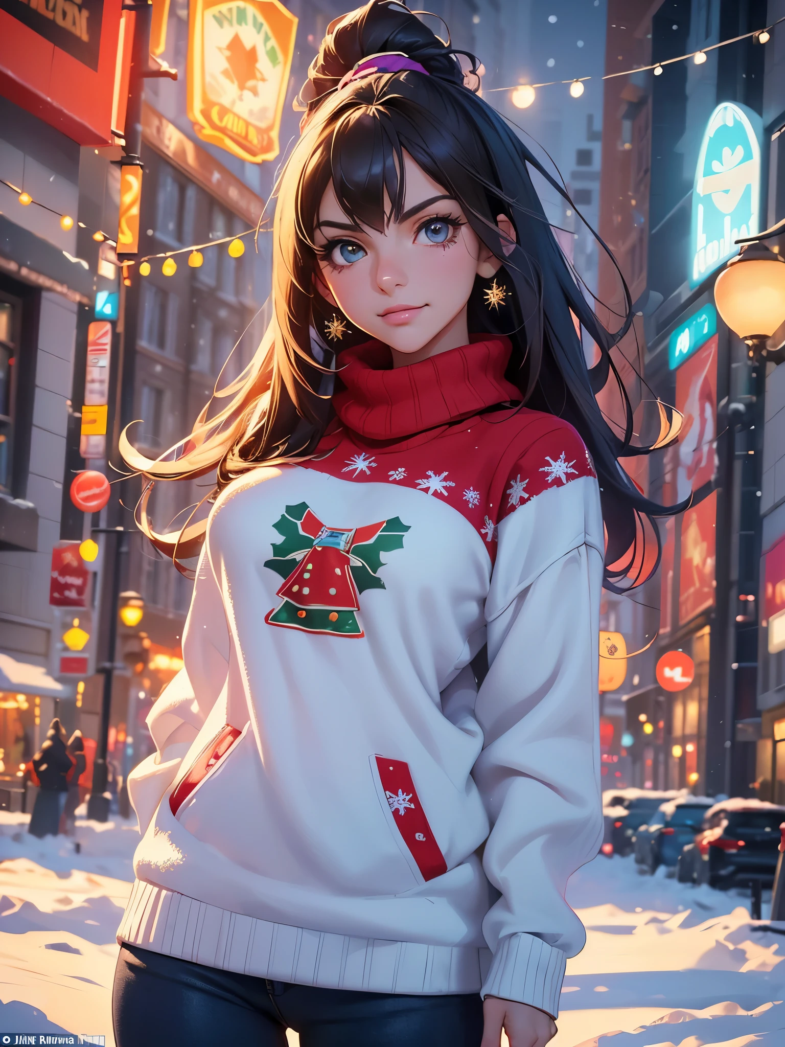 (best quality, masterpiece, perfect face, beautiful and aesthetic:1.2, colorful, dynamic angle, highest detailed face) cowboy shot, anime:1.2, solo,
1girl ((Victoria Justice)) wearing a sexy christmas sweater in a snowy night in the city, christmas decoration,