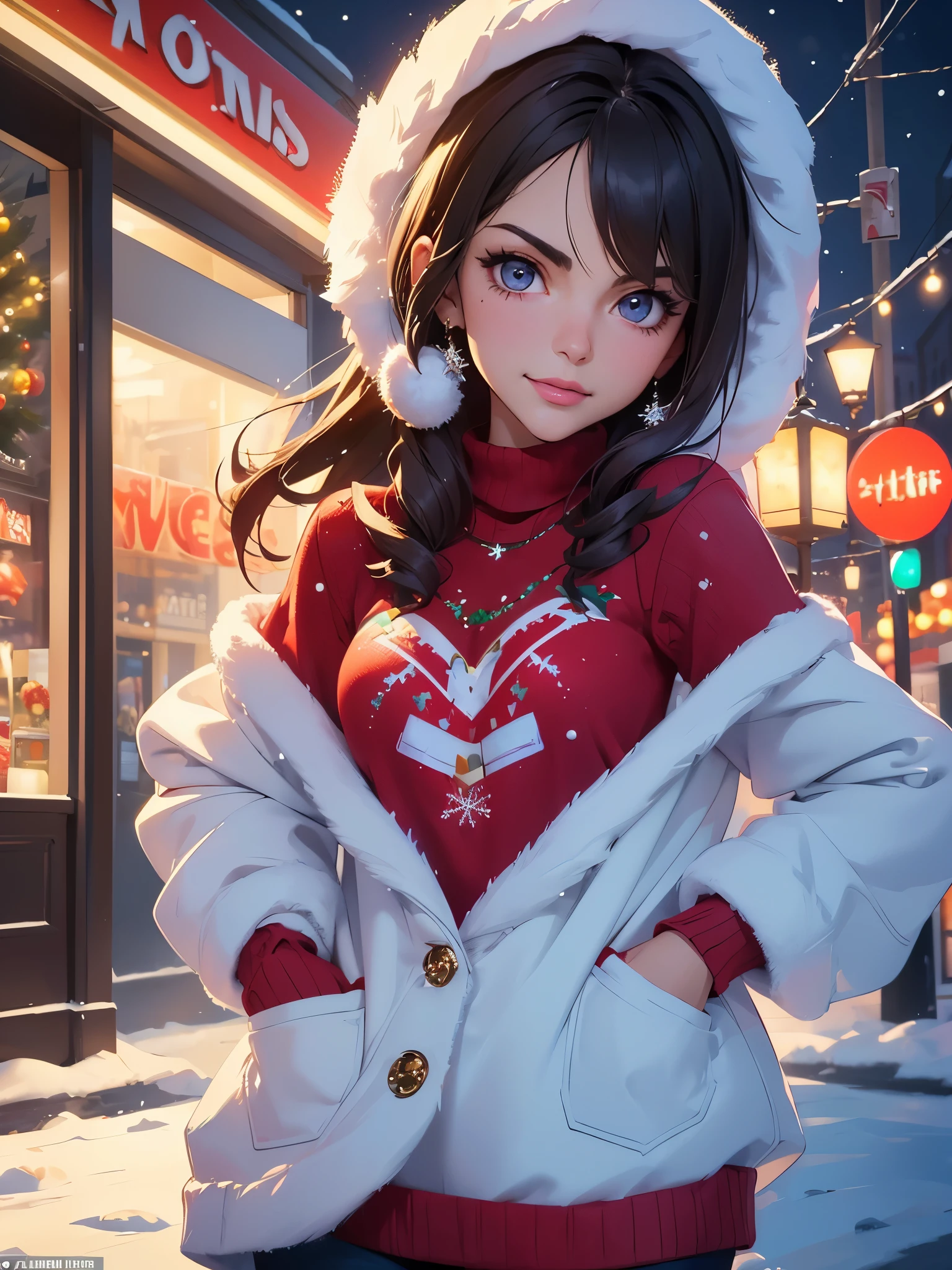 (best quality, masterpiece, perfect face, beautiful and aesthetic:1.2, colorful, dynamic angle, highest detailed face) cowboy shot, anime:1.2, solo, 
1girl ((Victoria Justice)) wearing a sexy christmas sweater in a snowy night in the city, christmas decoration,