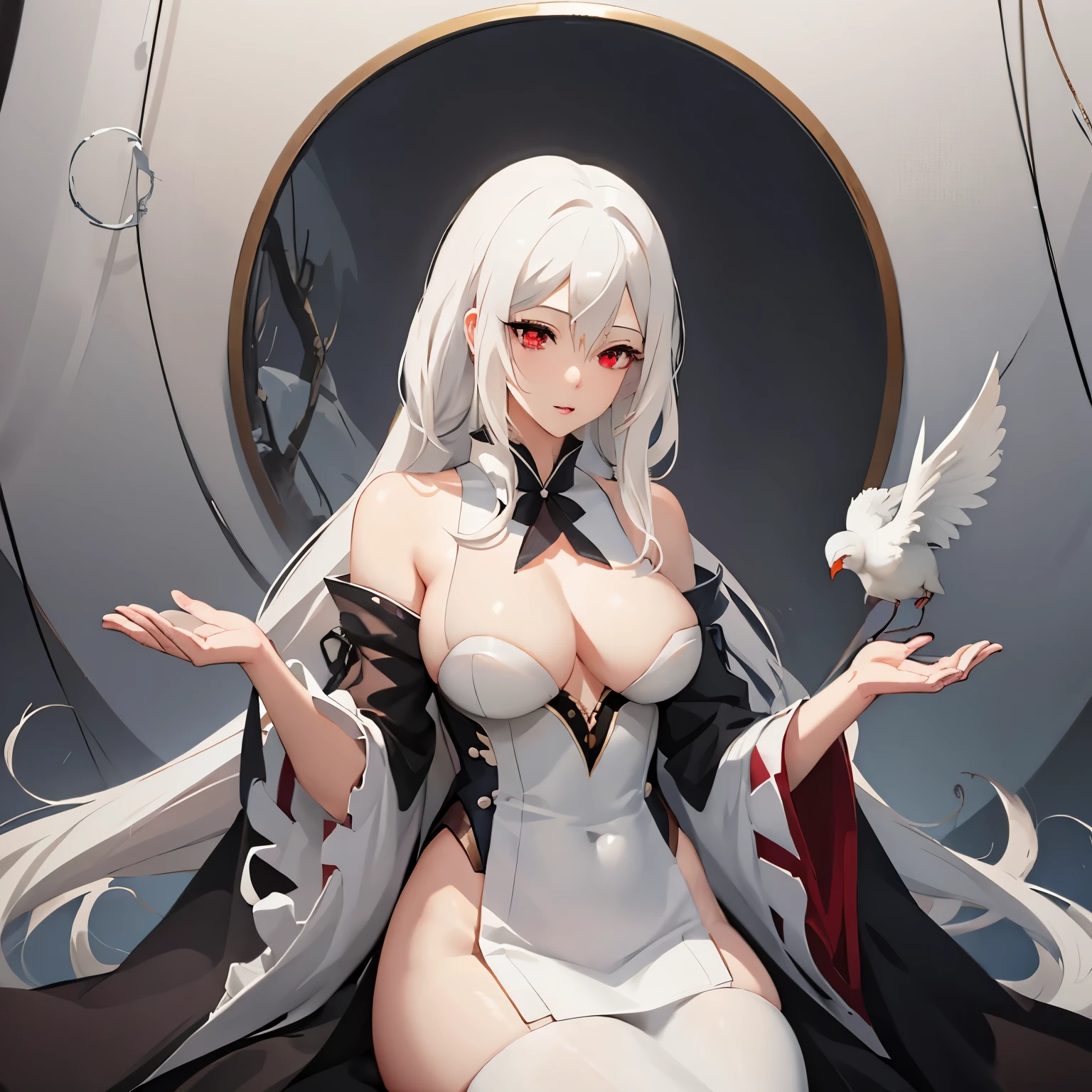 anime girl with white hair and black lingersuit holding a bird, seductive anime girl, beautiful alluring anime woman, guweiz on pixiv artstation, best anime 4k konachan wallpaper, guweiz on artstation pixiv, perfect white haired girl, white haired deity, guweiz, tifa lockhart with white hair, close portrait, red eyes,