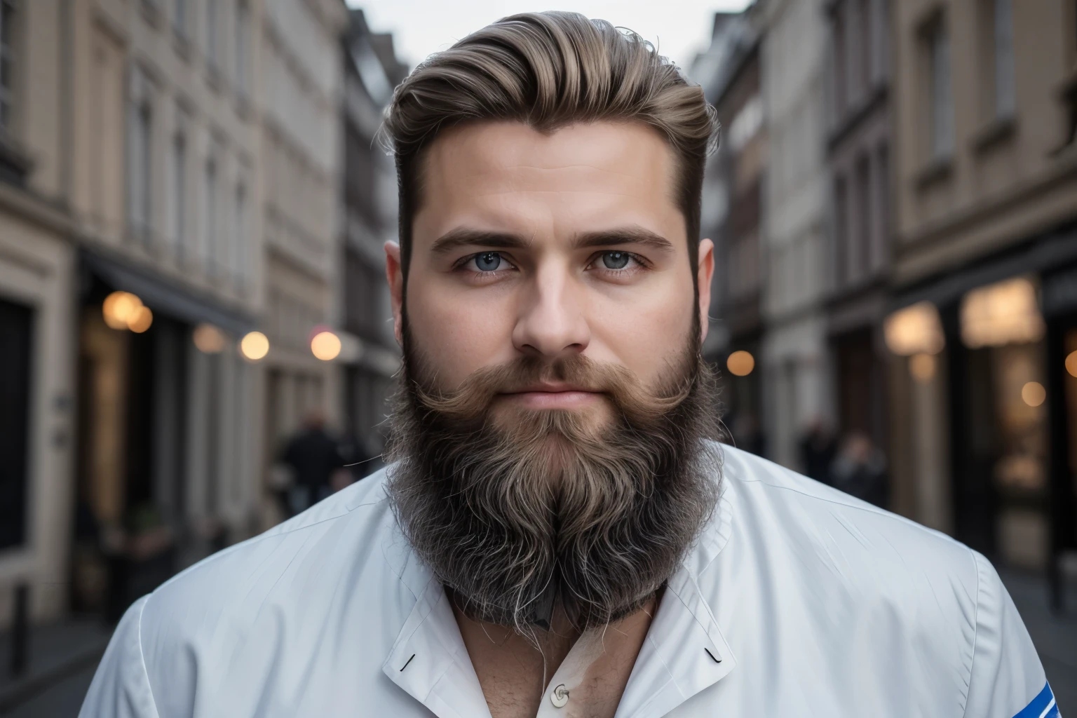 Photo brute, 8k UHD, highly detailed skin, beau american, Homme masculin de 25 ans, homme bavarois, yeux bleu, rule of thirds, chef-d'artwork, la photographie, ultra realism, realistic, en plein air, heure d'or, portrait, souriant, cheveux au niveau de coup blonds , début de barbe, style à bascule, DOF, (Hambourg:1.1), soft lighting, ( highly detailed skin:0.7),(grain de film:1.3), 8k UHD, digital SLR, soft lighting, High quality, hdri, Fujifilm XT3