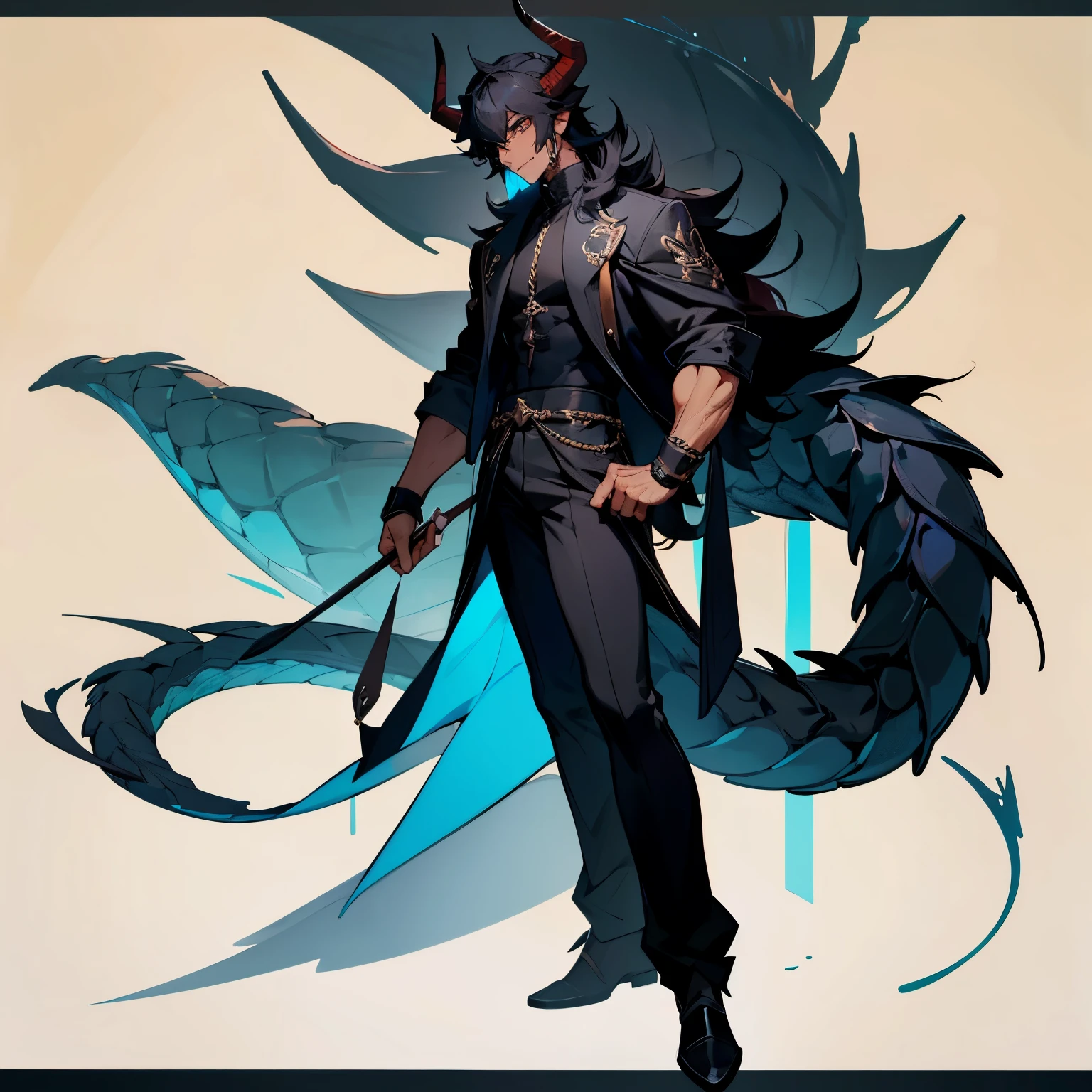 male, black skin, black fluffy hair, muscular, tall, horns, dragon tail, full body, modern, handsome face