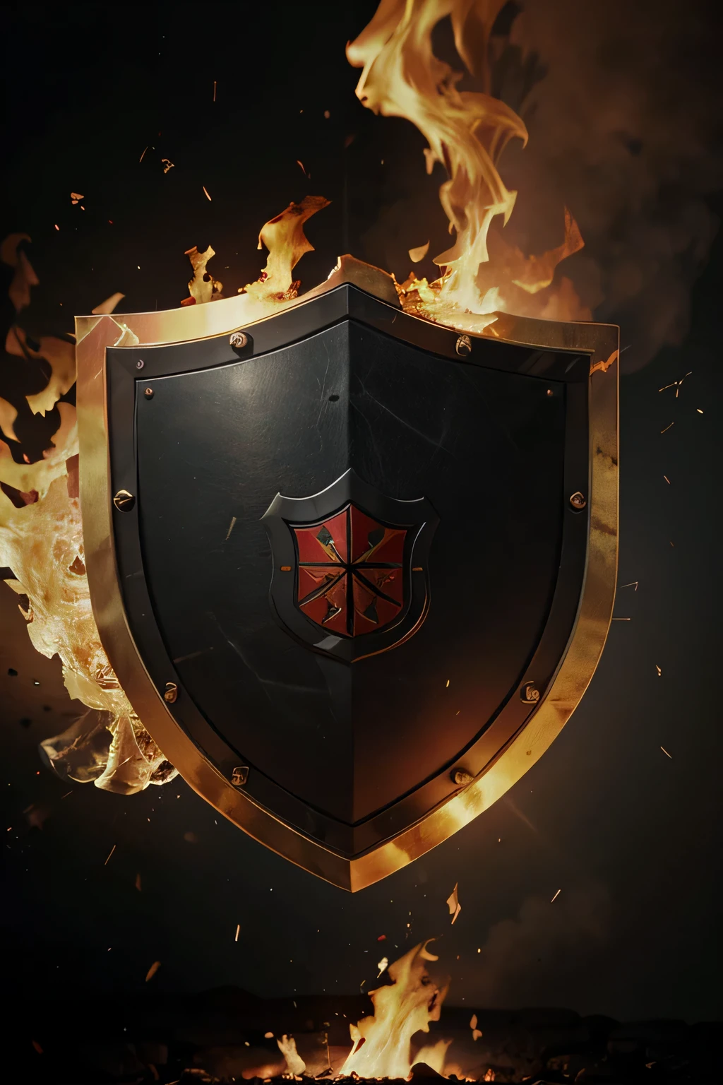 shield with no humans in 4k with a backround that is on fire