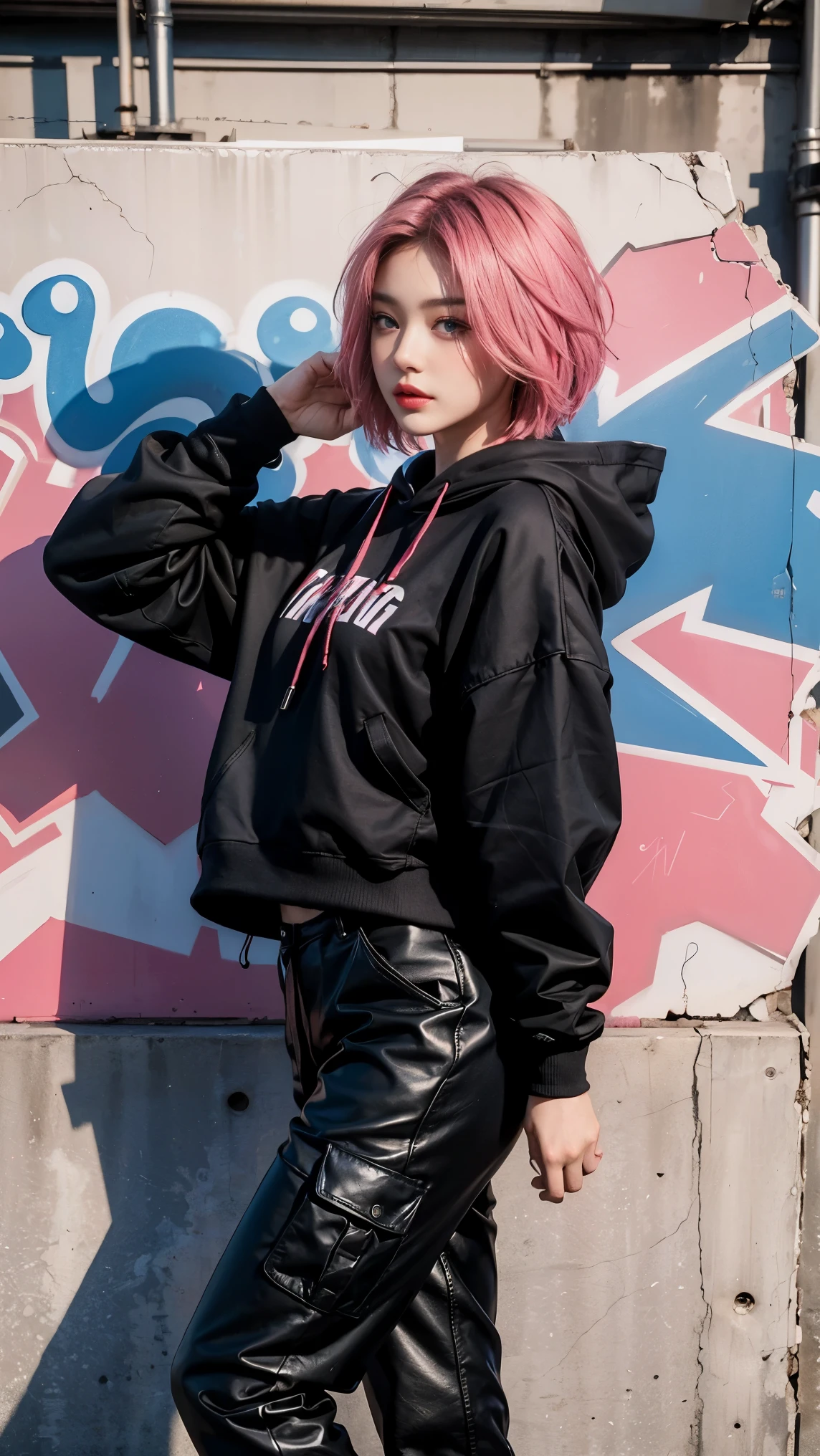 best quality, Clarity, 4k, 8k, detail, actual, Beautiful Girl, Korean makeup, Red lips, pink and blue wolf haircut, Perfect body, thigh, stand, pose standing, medium chest, black hoodies, black Cargo Box Pants, Solid graffiti wall background, Graffiti art,
