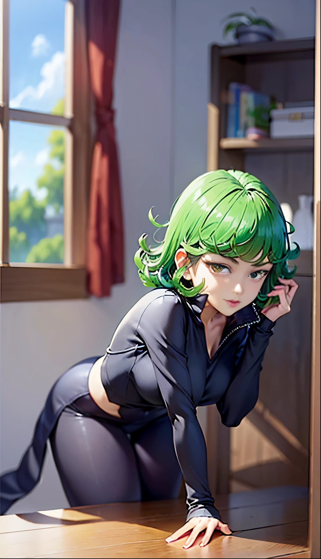 anime girl with green hair and black dress, an anime drawing by Shitao, pixiv, fantasy art, top rated on pixiv, at pixiv, tatsumaki from one punch man, beautiful anime girl,jack-O' challenge pose, bending over, seductive anime girl, the anime girl is crouching, tatsumaki