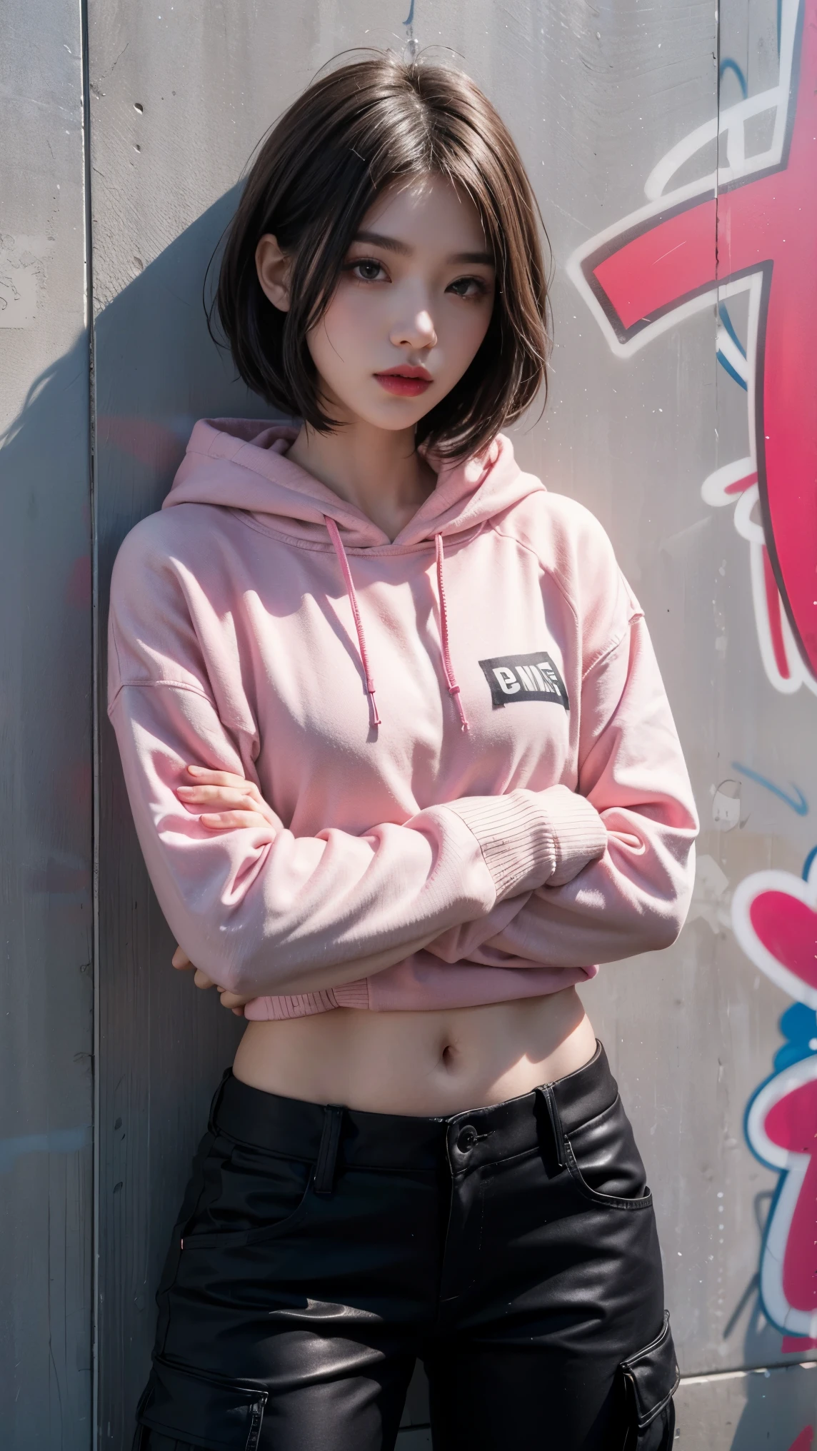best quality, Clarity, 4k, 8k, detail, actual, Beautiful Girl, Korean makeup, Red lips, pink and blue wolf haircut, Perfect body, thigh, stand, pose standing, medium chest, black hoodies, black Cargo Box Pants, Solid graffiti wall background, Graffiti art,