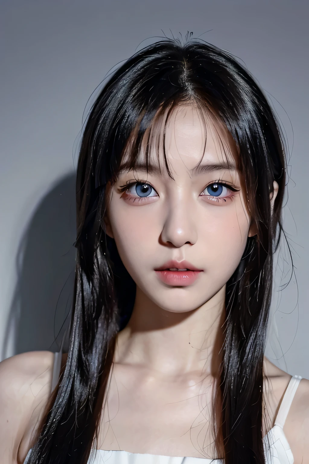 ８ｋ、High resolution、punk fashion、beautiful girl、young、white skin,、narrow eyes,high nose,lighting that illuminates the face、clear image、intellectual beauty、skinny、no makeup、anxious look、lighting that illuminates the face,shining hair、single eyelid,blue eyes