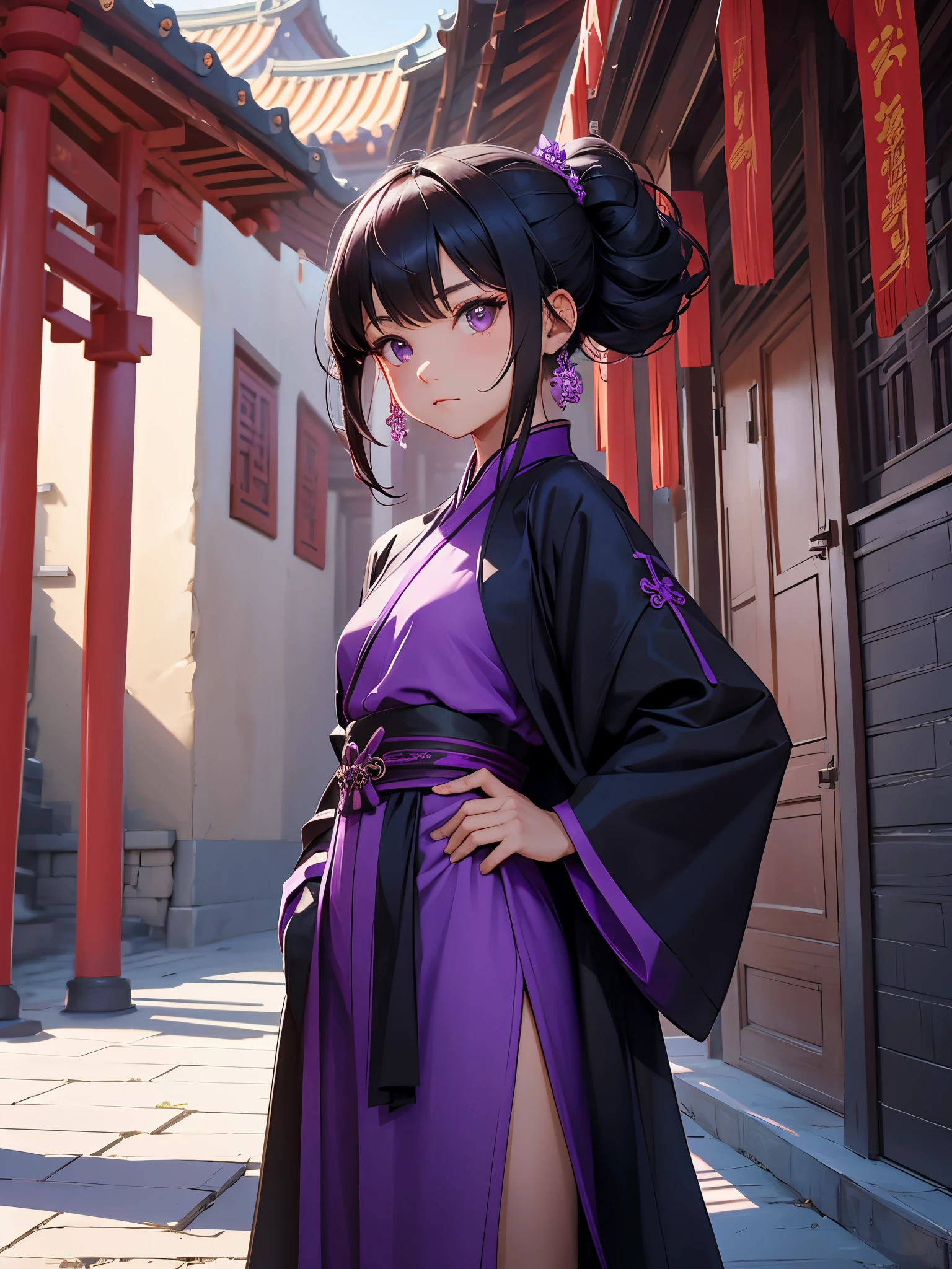 A girl, wearing a purple and black robe, stands in a Chinese-style building
