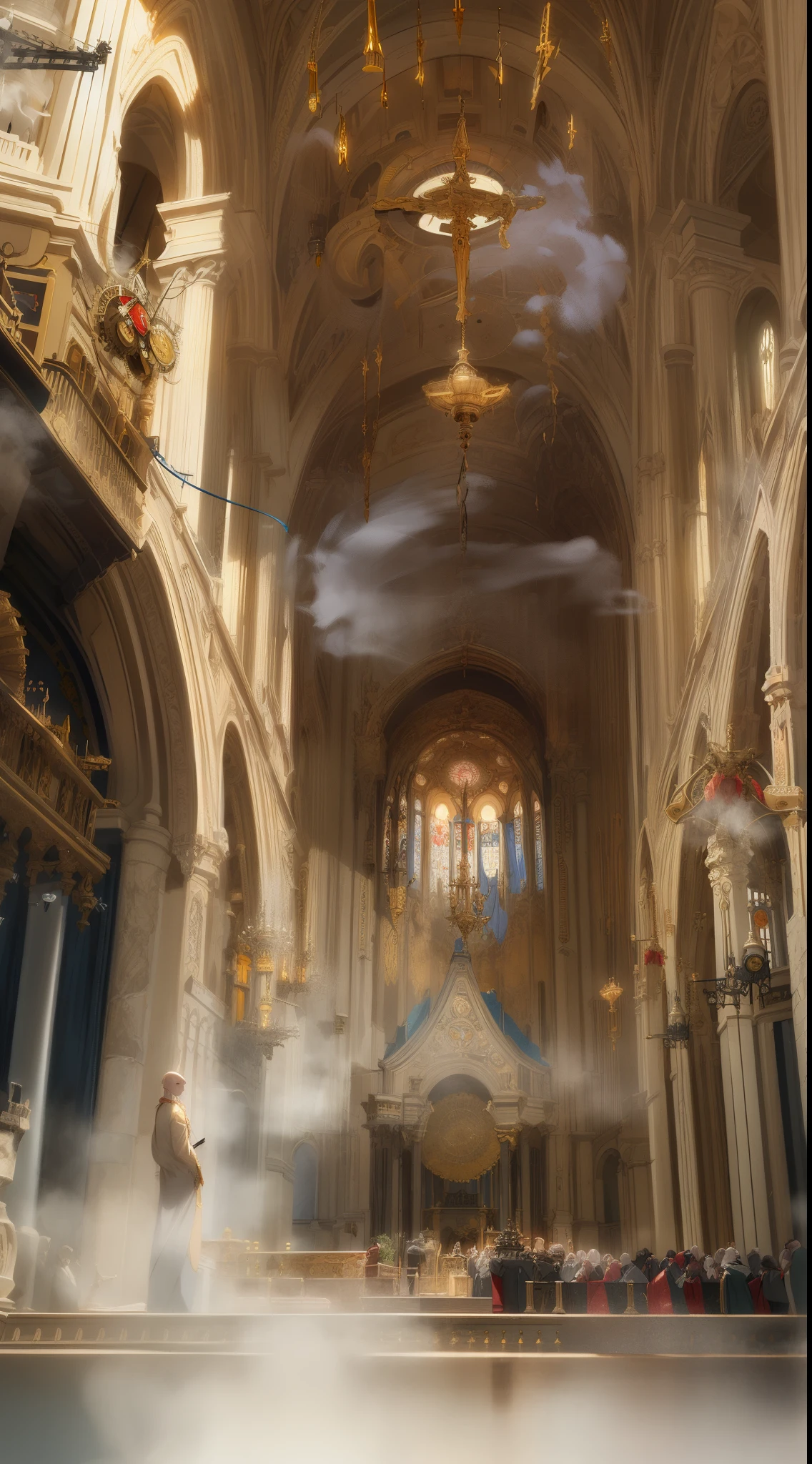 (extremely detailed and realistic CG, masterpiece, best quality, ultra-detailed), steampunk, Sao Paulo Metropolitan Cathedral, (best illumination, best shadow, an extremely delicate and beautiful), dynamic angle, cinematic atmosphere, ornate metalwork, gears, clockwork, smoke, steam, period costume, vibrant colors.  