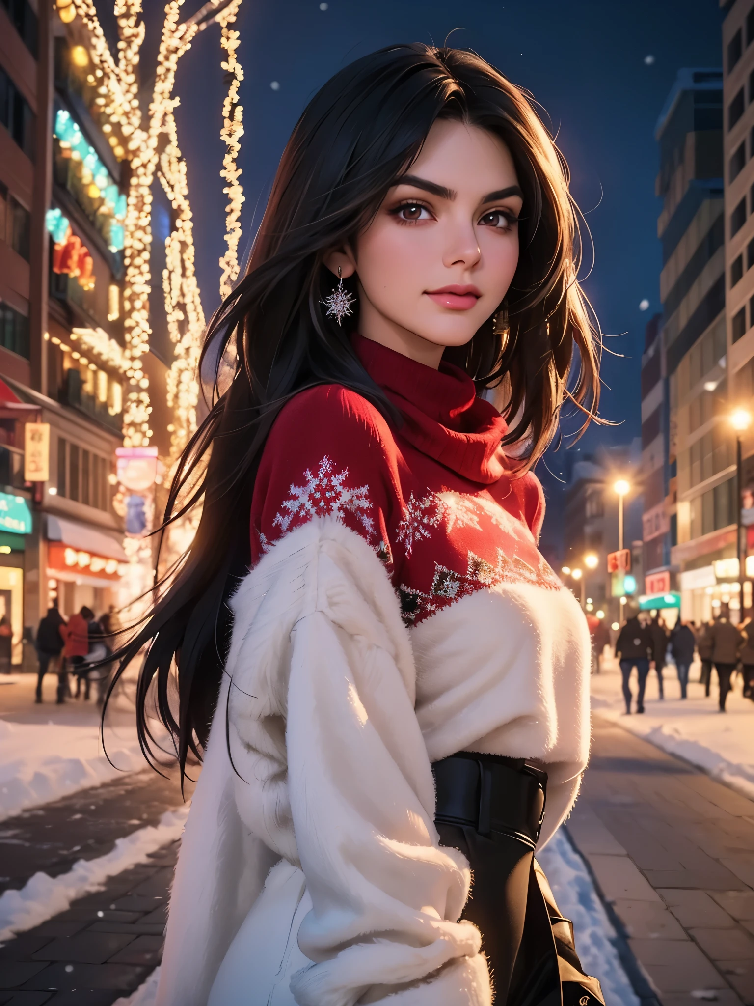 (best quality, masterpiece, perfect face, beautiful and aesthetic:1.2, colorful, dynamic angle, highest detailed face) cowboy shot, anime:1.2, solo,
1girl ((Victoria Justice)) wearing a sexy christmas sweater in a snowy night in the city, christmas decoration,