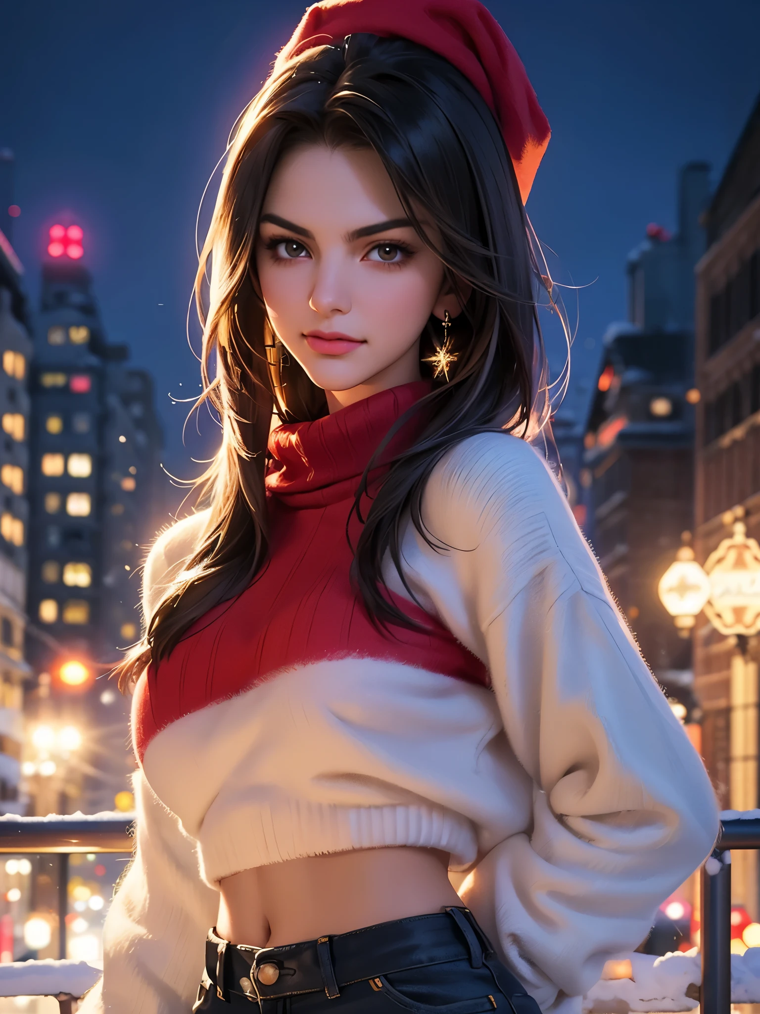 (best quality, masterpiece, perfect face, beautiful and aesthetic:1.2, colorful, dynamic angle, highest detailed face) cowboy shot, anime:1.2, solo,
1girl ((Victoria Justice)) wearing a sexy christmas sweater in a snowy night in the city, christmas decoration,