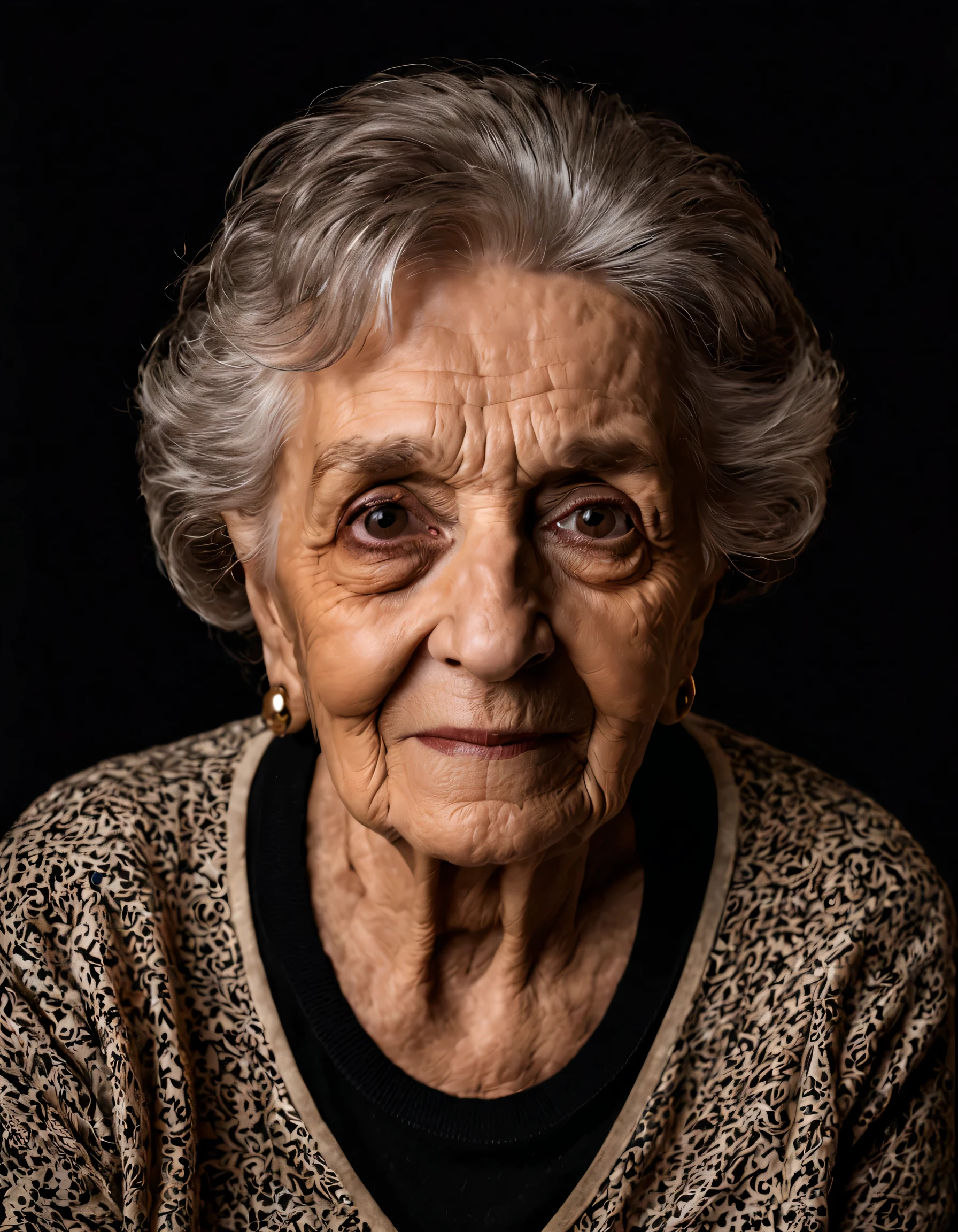 portrait photo of a 85 years old woman named Ramona klyde, brown eyes, studio lighting, black background, (front view : 2:0 ), detailed, 8K,