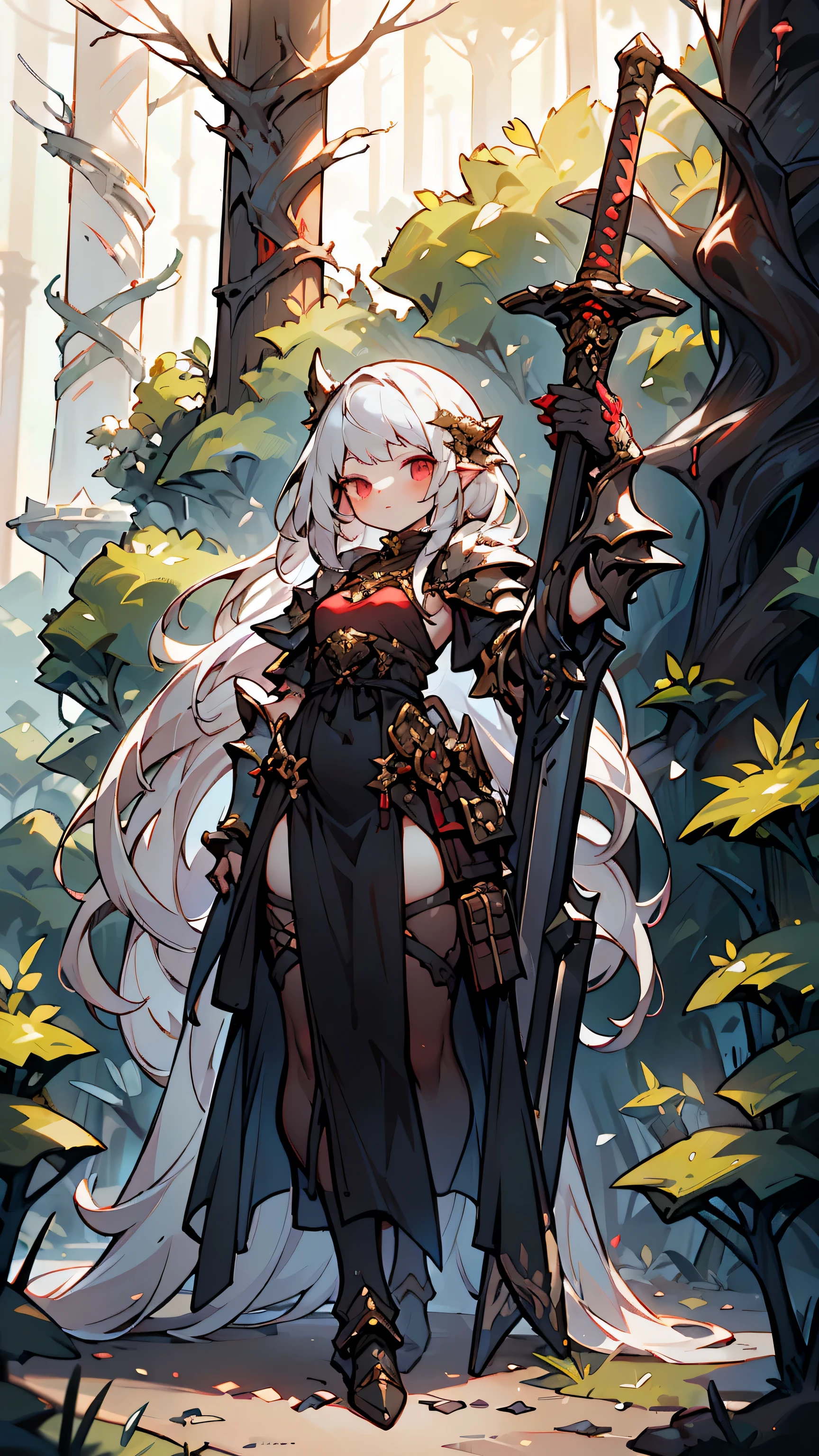 masterpiece, best quality, ff14style, Final Fantasy 1 girls, full armor, very long straight hair, silver hair, small breasts,  girl, full body, princess knight, long dress with armor parts, red+black clothes, carrying a black sword, outdoors, forest