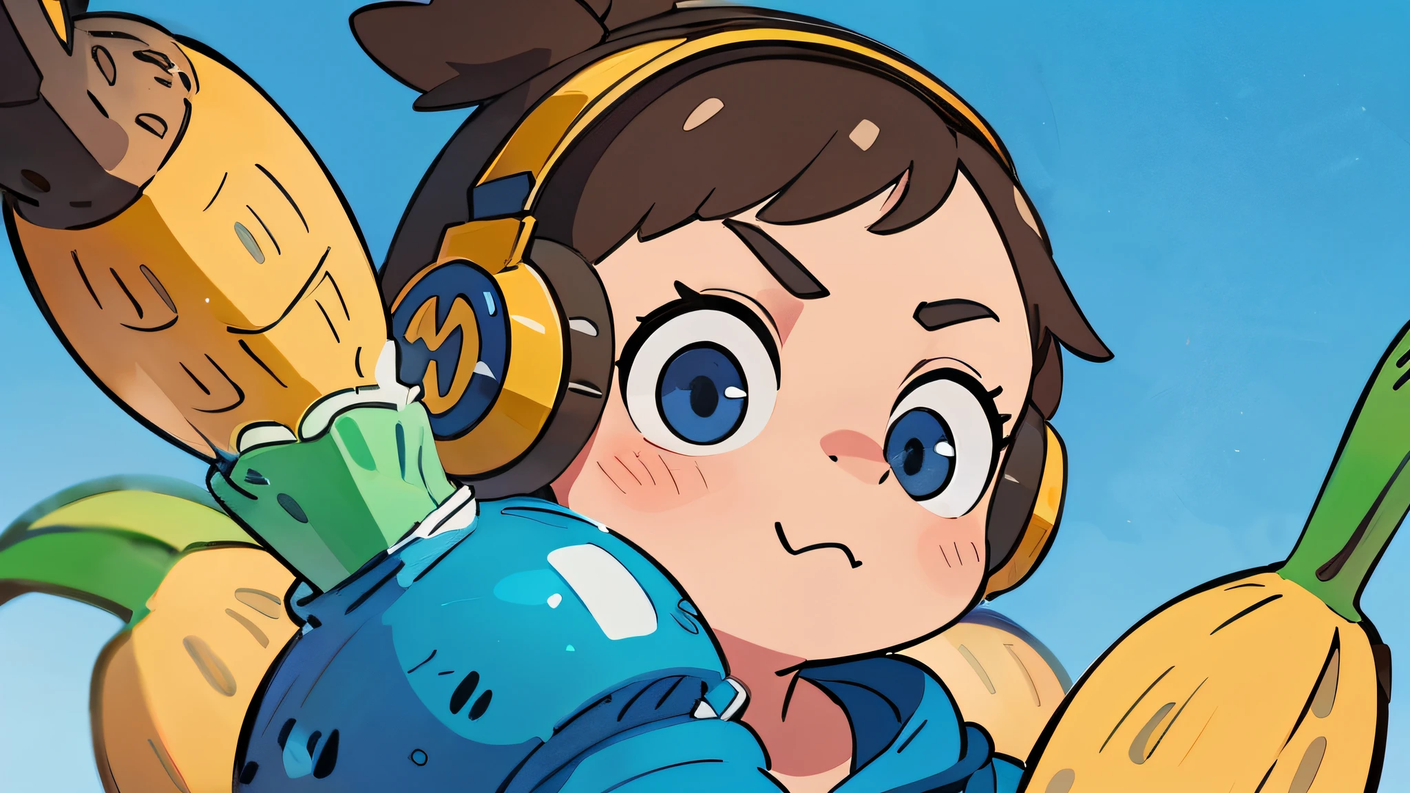 headphone on, naughty face, naughty emotion, strong contrast and saturation, blueish shooting range background, high detailed, fornite banana costume, shooting, guns, bananas guns, bananas, big eyes, in a close view, front, girly short hair, brown hair, blue eyes