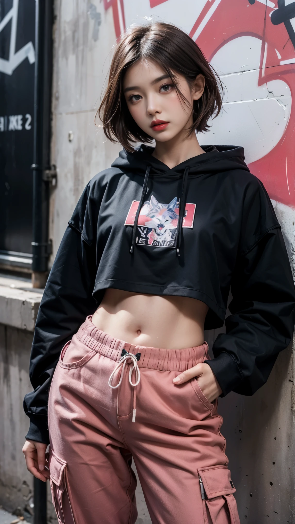 best quality, Clarity, 4k, 8k, detail, actual, Beautiful Girl, Korean makeup, Red lips, pink and blue wolf haircut, Perfect body, thigh, stand, pose standing, medium chest, black hoodies, black Cargo Box Pants, Solid graffiti wall background, Graffiti art,