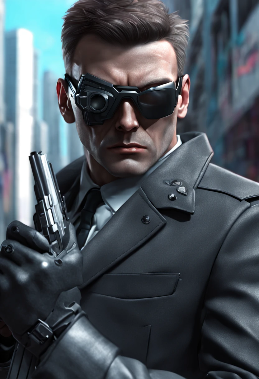 Digital painting of a {(((secret agent's face))), {(((one eye is looking towards camera but face is away))), {(((holding a silenced pistol in his hand and finger on trigger))), cyberpunk clothing, futuristic city background}}, volumetric lighting, ambient occlusion, professional photograph, highly detailed