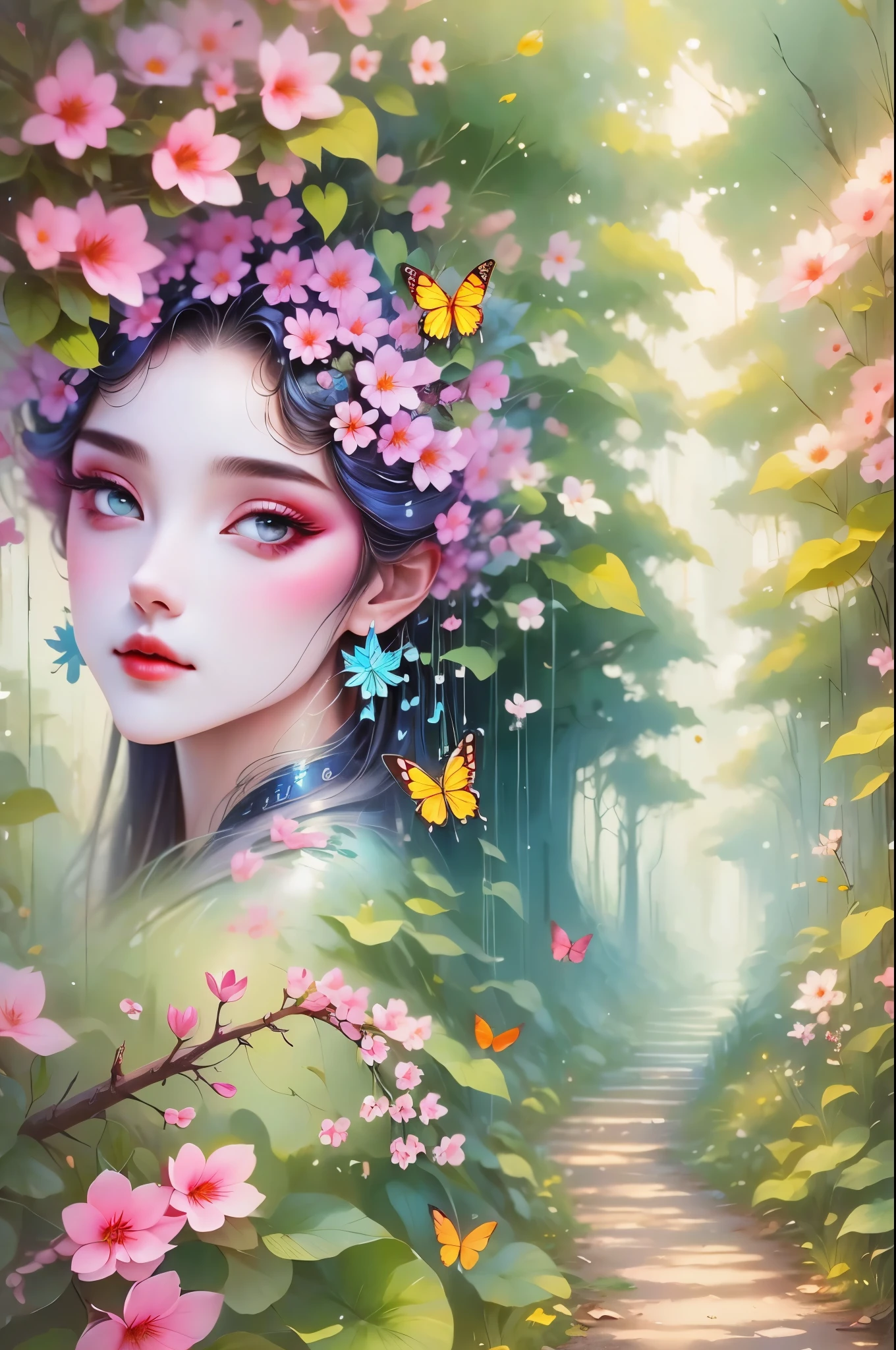 group photo，portrait，The landscape is filled with paths made of various flowers that represent your journey. This is a quiet grove, Magical beautiful delicate butterfly, Things of all sizes fly around it . The colors chosen for the cover exude an air of sobriety, brightness, Connection with nature，Dusk begins in the background, There is a mysterious and charming atmosphere. There is a beautiful woman with long hair in the woods, delicate face, And very beautiful. Woman is in the center of the image，Smaller in size than landscape，There are many butterflies representing transformation next to it.
