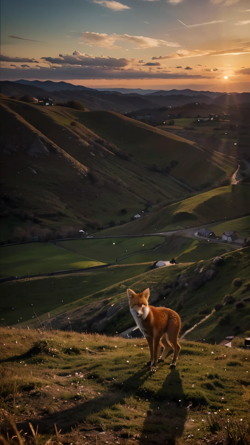Cinematic Scene, 8K Ultra detailed, acurate perspective and texture of Lonely Fox standing on top of the hill, looking down to village under waiting for twilght star. In the windy  evening .