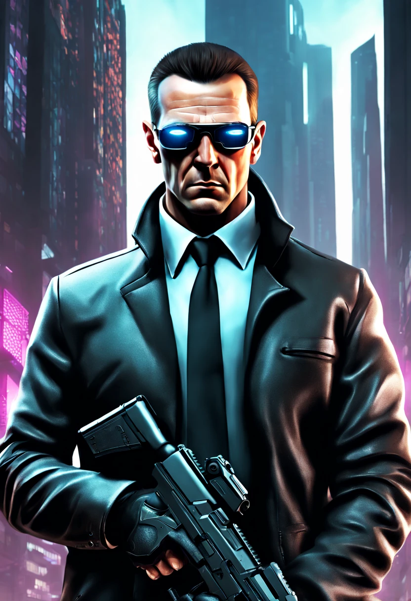 Digital painting of a {(((secret agent's face))), {(((one eye is looking towards camera but face is away))), {(((holding a silenced pistol in his hand and finger on trigger))), cyberpunk clothing, futuristic city background}}, volumetric lighting, ambient occlusion, professional photograph, highly detailed
