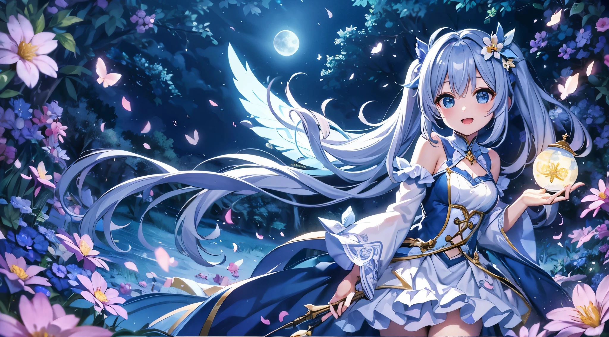 dynamic angle、 in the magical forest, A mysterious fairy girl appears, light blue long hair、The hairstyle is twintails、adorable smile、Moonlight twinkle,  flowers bloom、A big pure white owl is flying、、wood々While fluttering among the shining fireflies, Many beautiful flowers are blooming、fantastic scenery、A sky full of stars twinkles、 Creating a field where dreams and reality intersect，