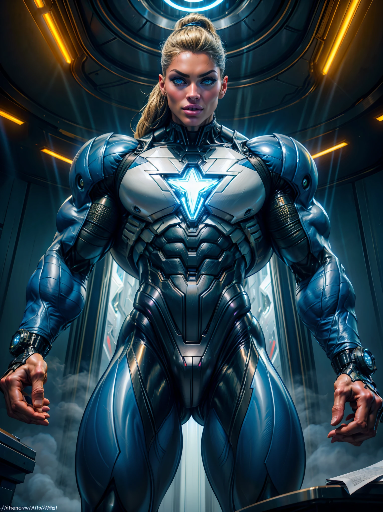 Cinematic, hyper-detailed, and insanely detailed, this artwork captures the essence of megan fox with breathtaking beauty. The color grading is beautifully done, enhancing the overall cinematic feel. Unreal Engine brings her anatomic cybernetic muscle suit to life, appearing even more mesmerizing. With the use of depth of field (DOF), every detail is focused and accentuated, drawing attention to her eyes and the intricate design of the anatomic cybernetic muscle suit . The image resolution is at its peak, utilizing super-resolution technology to ensure every pixel is perfect. Cinematic lighting enhances her aura, while anti-aliasing techniques like FXAA and TXAA keep the edges smooth and clean. Adding realism to the anatomic cybernetic muscle suit, RTX technology enables ray tracing. Additionally, SSAO (Screen Space Ambient Occlusion) gives depth and realism to the scene, the girl's anatomic cybernetic muscle suit become even more convincing. In the post-processing and post-production stages, tone mapping enhances the colors, creating a captivating visual experience. The integration of CGI (Computer-Generated Imagery) and VFX (Visual Effect brings out the anatomic cybernetic muscle suit's intricate features in a seamless manner. SFX (Sound Effects) complement the visual artistry, immersing the viewer further into this fantastic world. The level of detail is awe-inspiring, with intricate elements meticulously crafted, the artwork hyper maximalist and hyper-realistic. Volumetric effects add depth and dimension, and the photorealism is unparalleled. The image is rendered in 8K resolution, ensuring super-detailed visuals. The volumetric lightning adds a touch of magic, highlighting her beauty and the aura of her anatomic cybernetic muscle suit in an otherworldly way. High Dynamic Range (HDR) technology makes the colors pop, adding richness to the overall composition. Ultimately, this artwork presents an unreal portrayal of a super muscled cybernetic female android