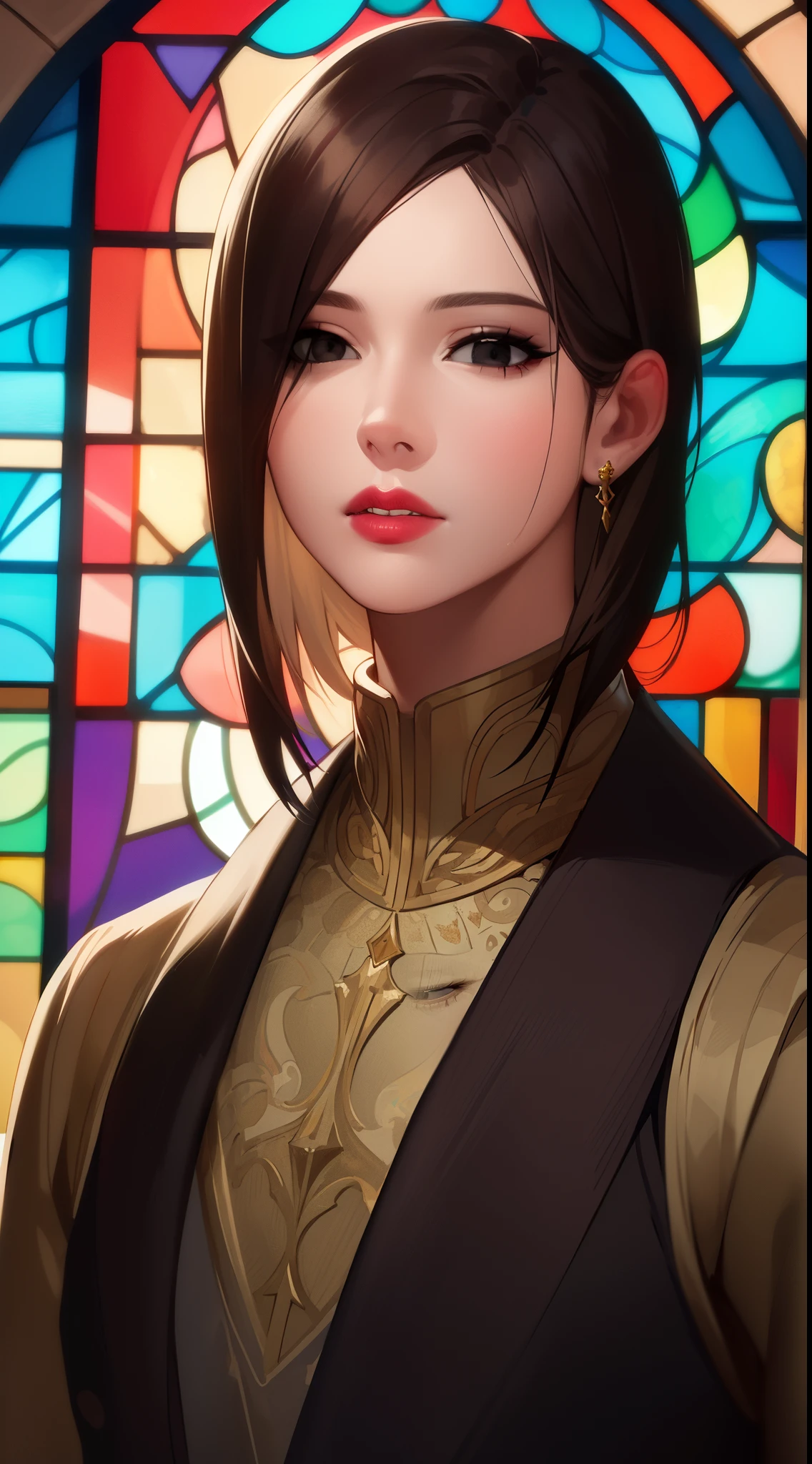 1man, green top, dark brown hair, stained glass, brilliant colors, masterpiece, best quality, detailed eyes, detailed lips, detailed clothes, (black eyes: 1.2), very realistic face,