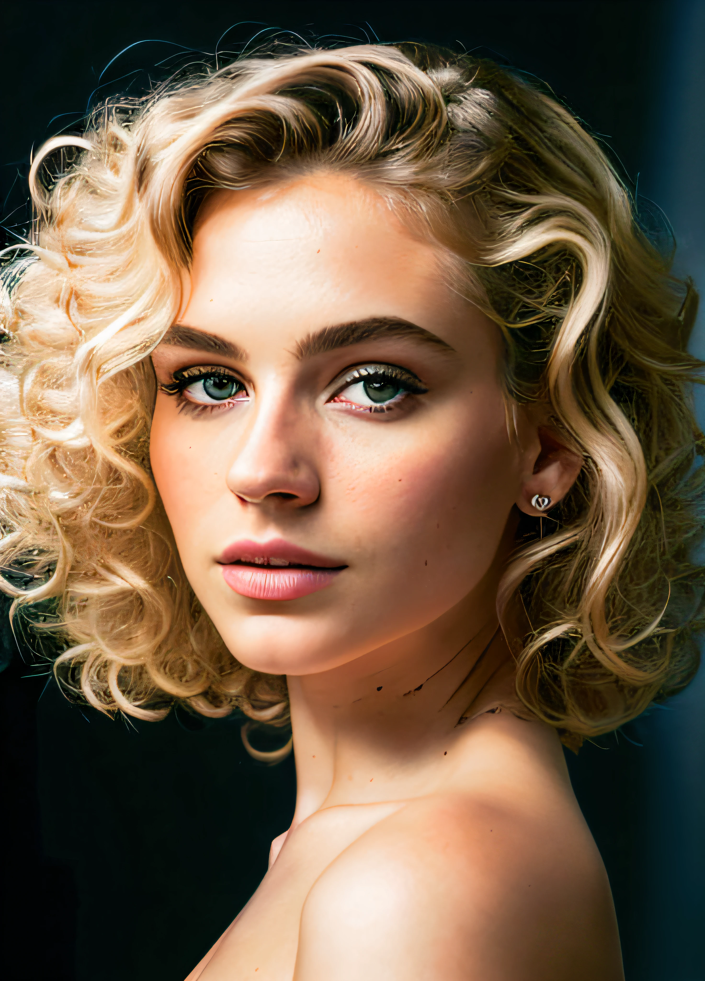 cabelo natural, retrato realista, 4k, detalhe supremo, altamente detalhado, , Suave, sharp focus, Cinematic lighting, Facing the camera directly, dark studio, rim lighting, Two-tone lighting, bem iluminado, discreto, Blonde woman with well-defined eyebrows and eyelashes