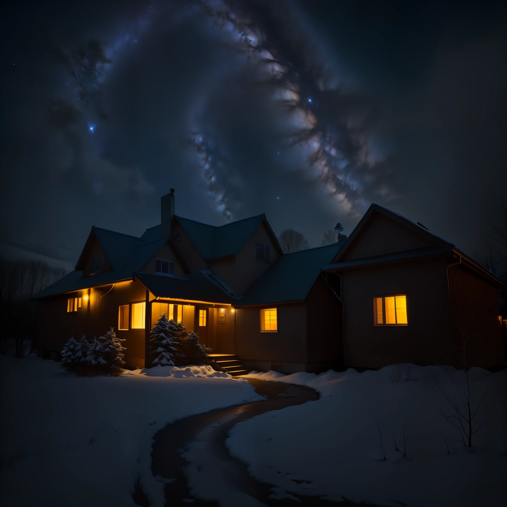 nighttime shot of a house with a bright window and a starry sky, night time with starry sky, outdoors at night, at nighttime, night time photography, at night time, with glowing lights at night, watching the stars at night, nighttime photography, night covered in stars, taken with sigma 2 0 mm f 1. 4, low angle wide shot, at night with lights