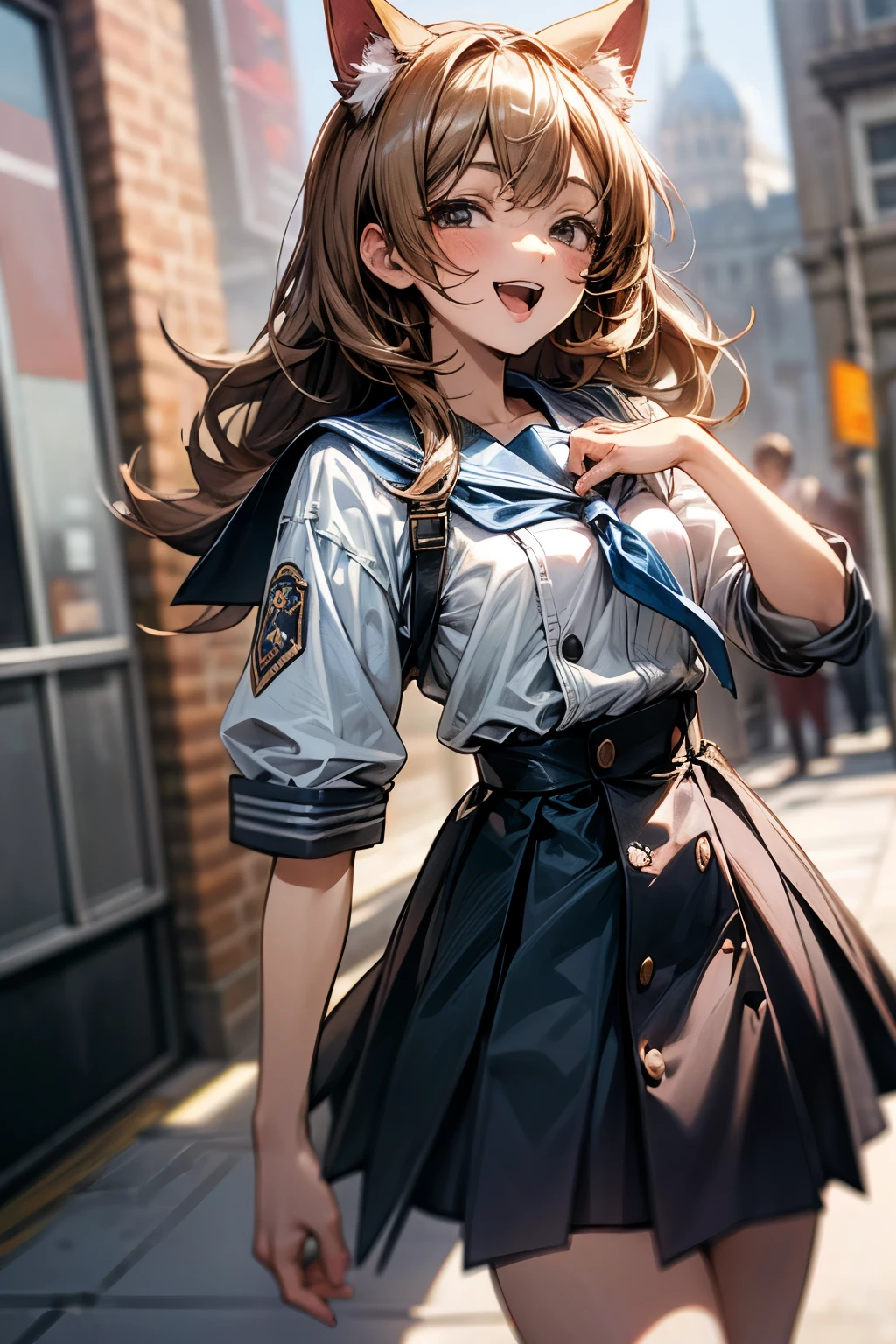 ((Masterpiece)), (Anime:1.5), ((best quality)), (Professional Photography:1.3), (High Definition), (RAW photo:1.2), (12 years old), 8K, cowboy shot, cinematic lighting, portlate, (Very unruly hair), Glossy skin, (Walking happily), In front of Cinderella's Castle, (slightly exposed small breast), (dirty white school uniform), ((Button eyes)), Slender body, small breasts, Open mouth, (laughing face) Slum cityscape, Textured skin, Cat ears, Pale brown hair, Cute Beautiful Girl,