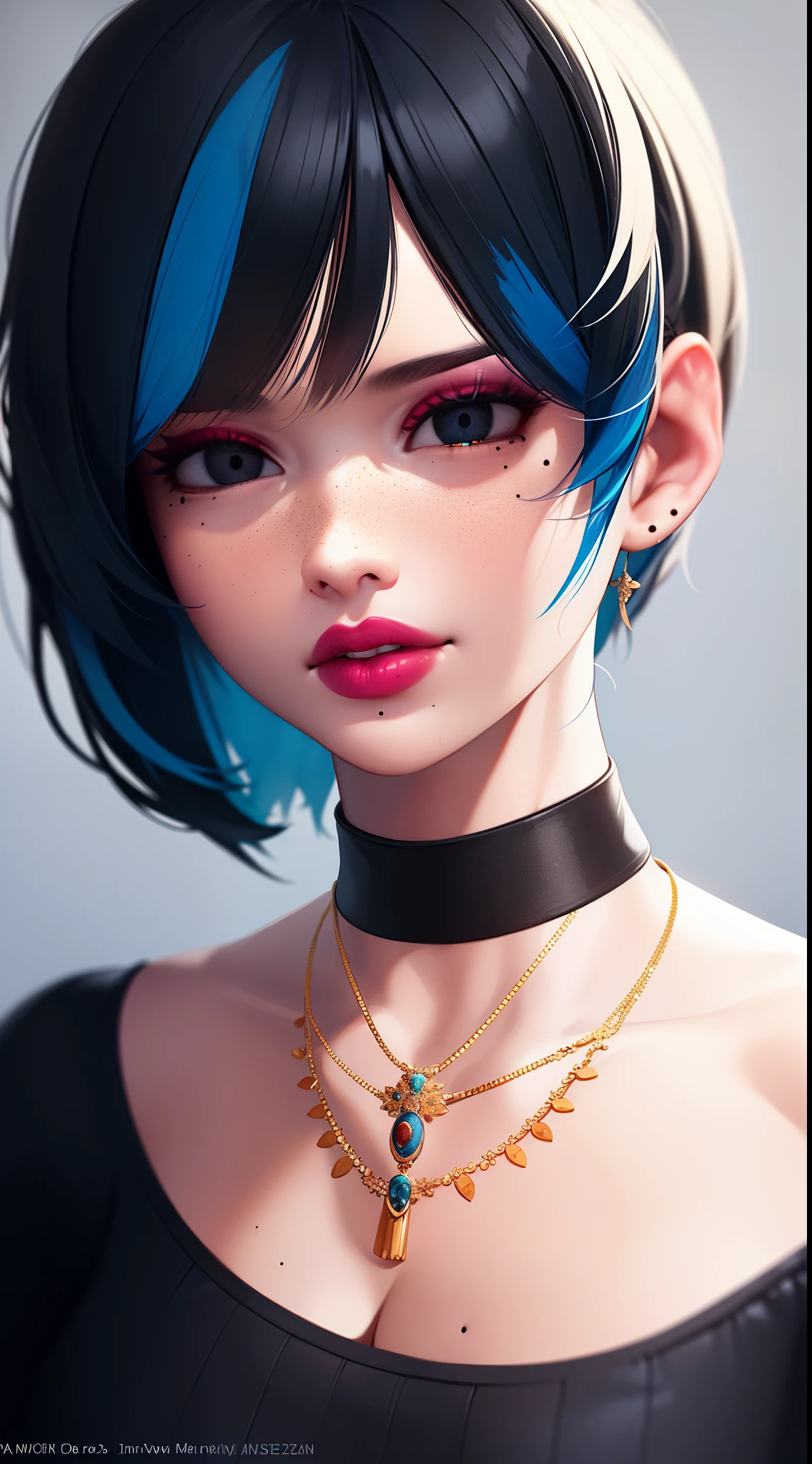 masterpiece, best quality,3d rending work ,3DMM style,close-up,portrait, 3D,1girl, solo, multicolored hair, blue hair, black hair, necklace, freckles, jewelry, two-tone hair, looking to the side, realistic, upper body, simple background, bangs, looking away, short hair, parted lips, black eyes, lips, gothic, choker, makeup, mole, black shirt, shirt, watermark
