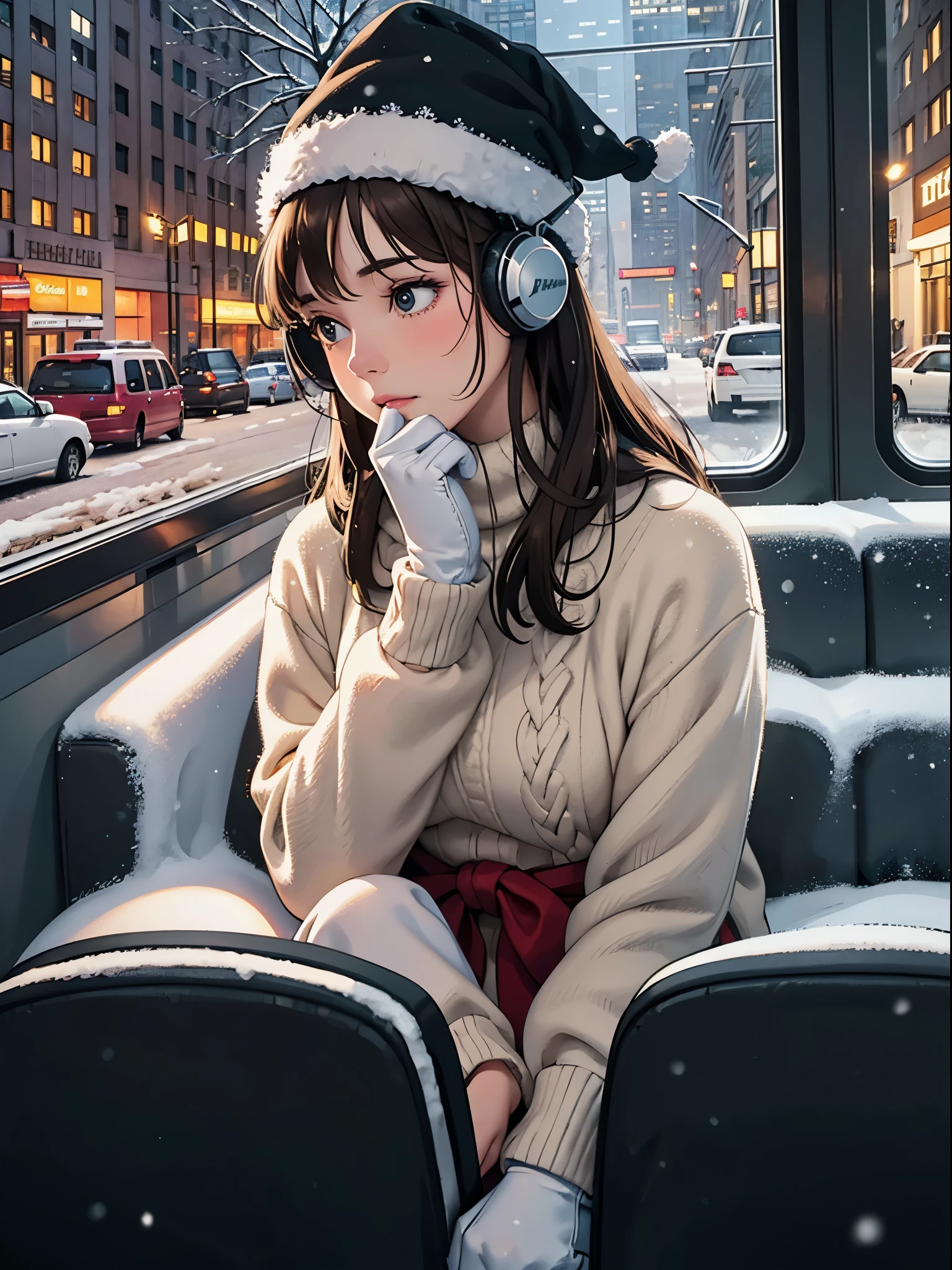 lofi relaxed one brunette girl with headphones drives inside bus, looks through window, head glued to window. winter night, it's snowing a lot. beautiful winter landscape of New York Rockefeller Center with huge (Christmas trees). travel. tourist. christmas sweater, gloves, winter hat. long hair. cold breath.