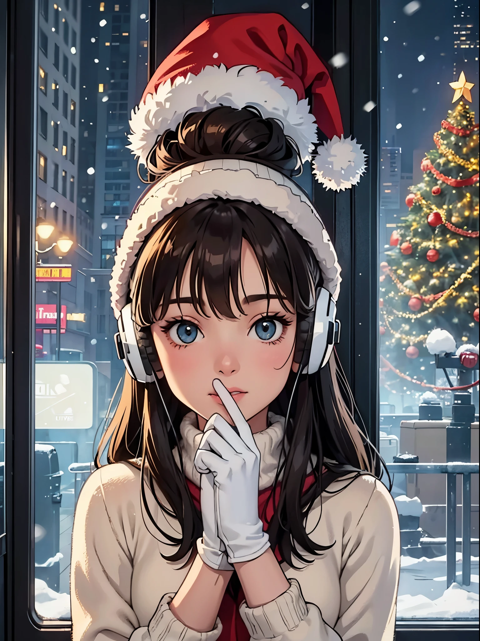 lofi relaxed one brunette girl with headphones flies in helicopter, looks in awe through window, head glued to window. winter night. beautiful landscape of Manhattan with (fireworks) in night sky.. travel. tourist. sweater, gloves, winter hat. long hair. new year eve