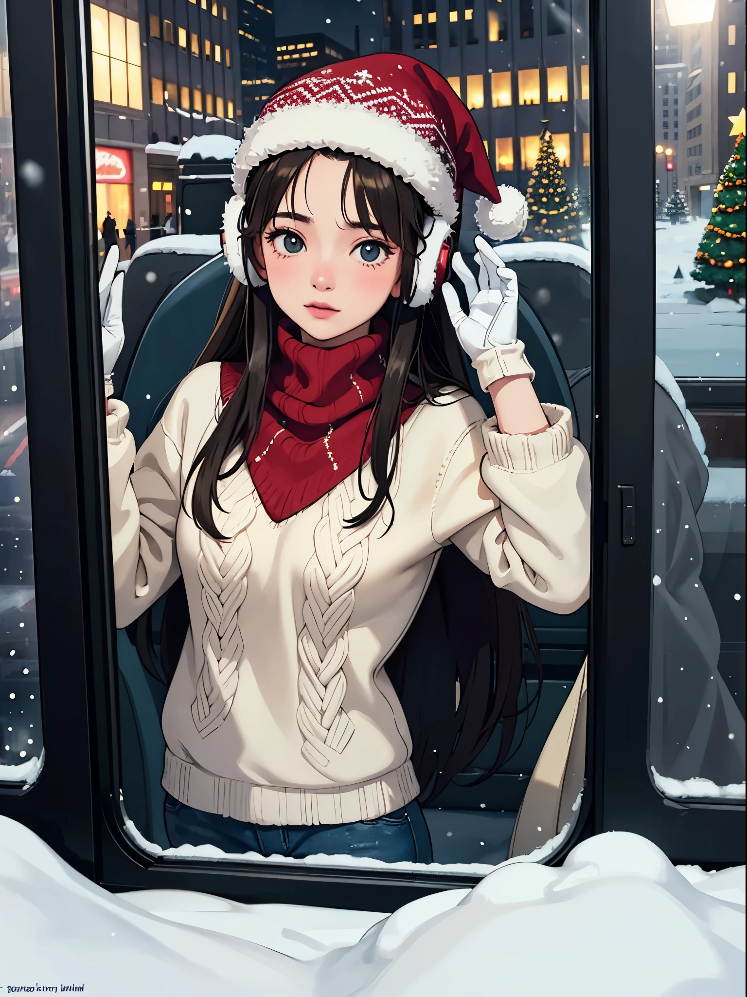 lofi relaxed one brunette girl with headphones drives inside bus, looks through window, head glued to window. winter night, it's snowing a lot. beautiful winter landscape of New York Rockefeller Center with huge (Christmas trees). travel. tourist. christmas sweater, gloves, winter hat. long hair. cold breath.