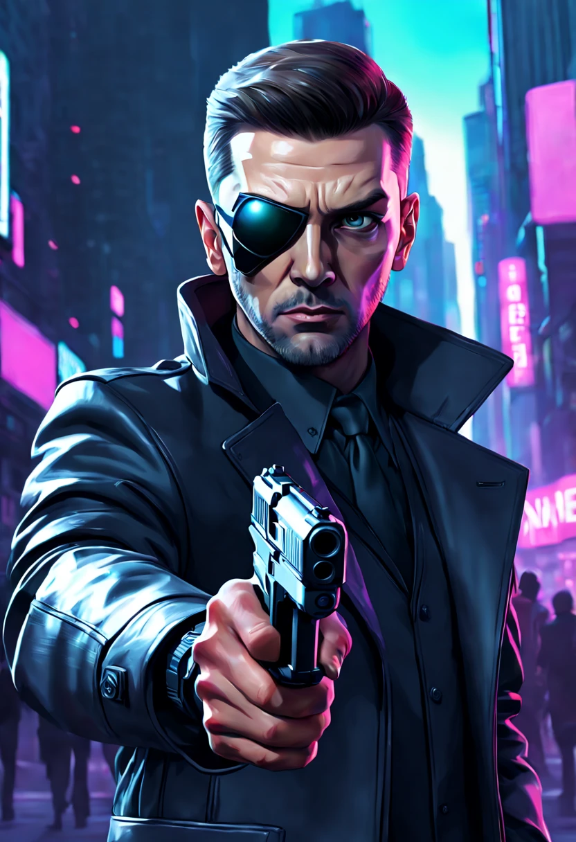 Digital painting of a {(((secret agent's face))), {(((one eye is looking towards camera but face is away))), {(((holding a silenced pistol in his hand and finger on trigger))), cyberpunk clothing, futuristic city background}}, volumetric lighting, ambient occlusion, professional photograph, highly detailed