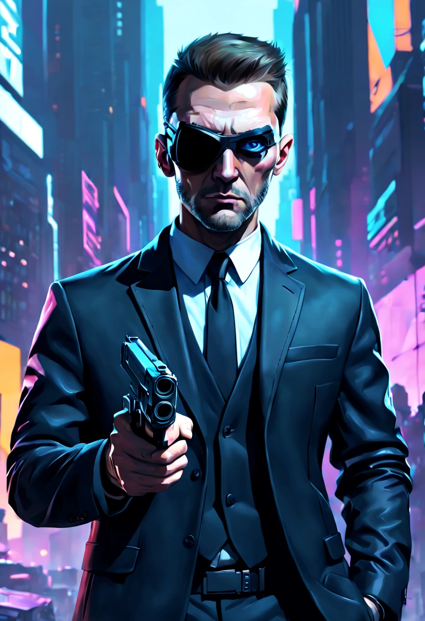 Digital painting of a {(((secret agent's face))), {(((one eye is looking towards camera but face is away))), {(((holding a silenced pistol in his hand and finger on trigger))), cyberpunk clothing, futuristic city background}}, volumetric lighting, ambient occlusion, professional photograph, highly detailed