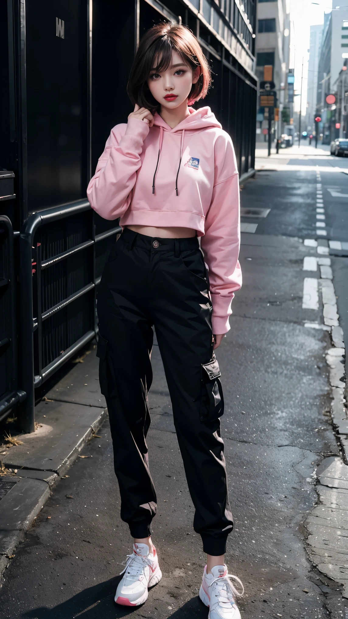 best quality, Clarity, 4k, 8k, detail, actual, Beautiful Girl, Korean makeup, Red lips, pink and blue wolf haircut, Perfect body, stand, pose standing, medium chest, black hoodies, black Cargo Box Pants, boxing gloves,dark room background