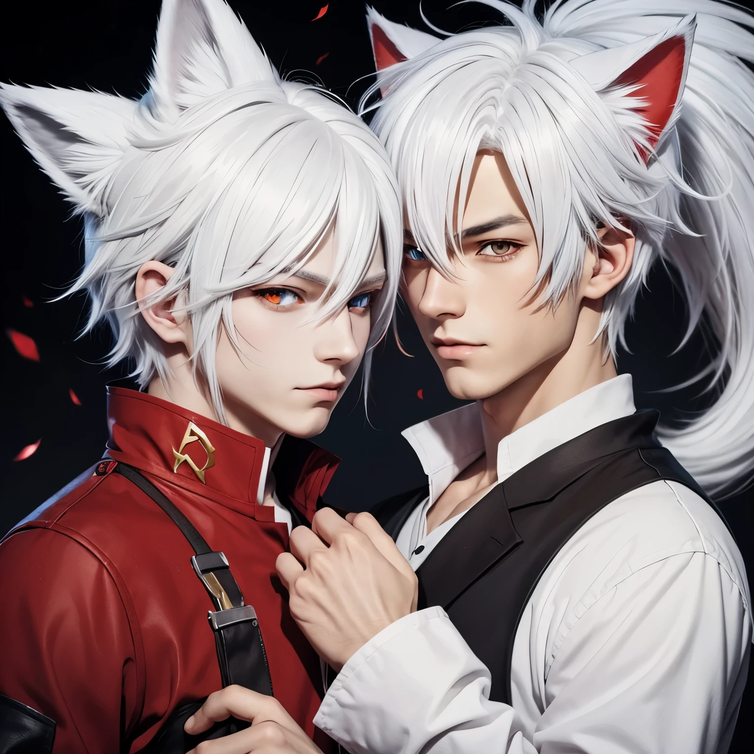 Anime fox boy, White hair, red eyes, cat ears