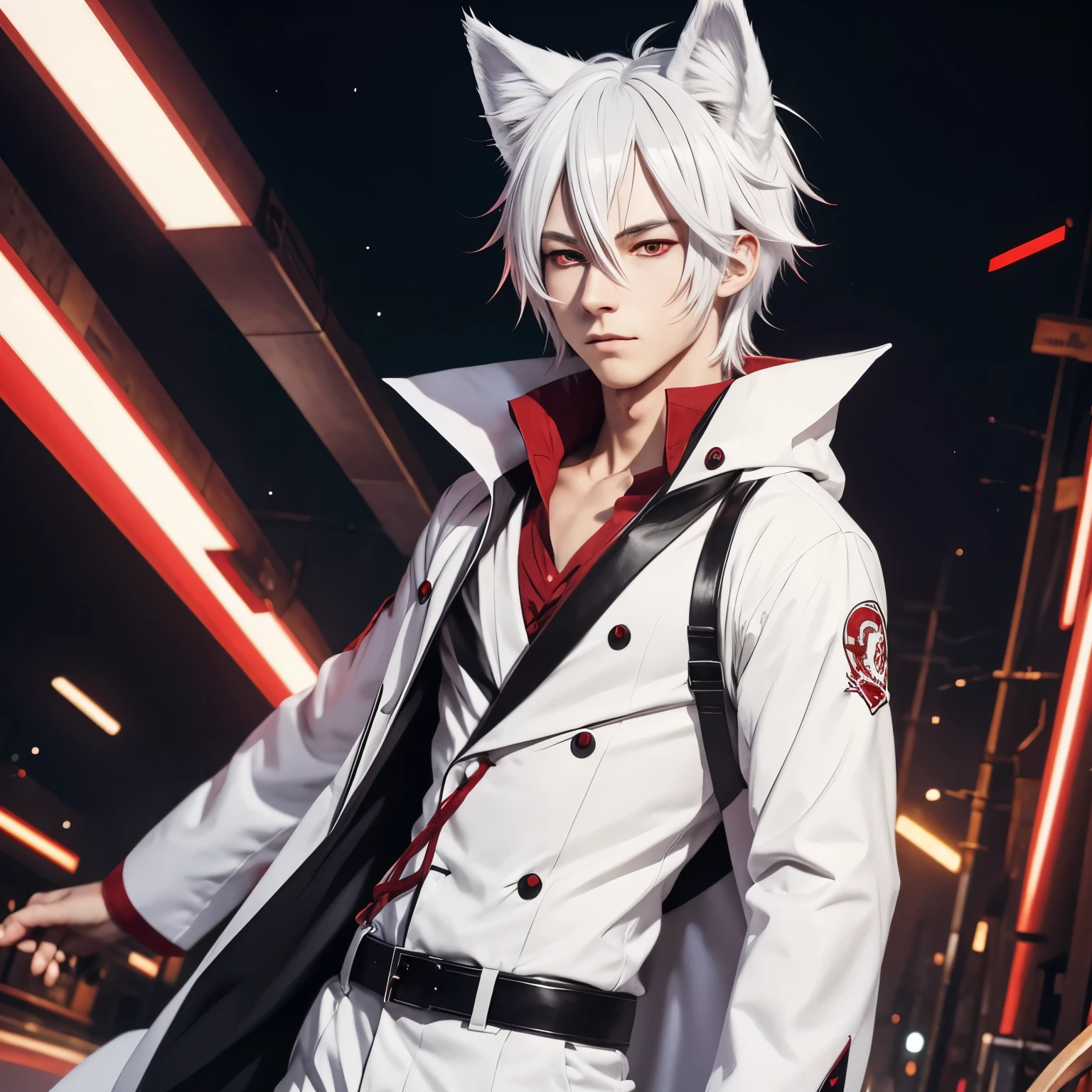 Anime fox boy, White hair, red eyes, cat ears