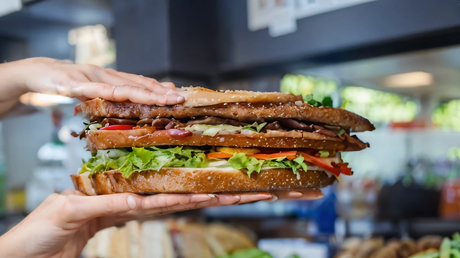 Make a giant sandwich tower in the photo.
