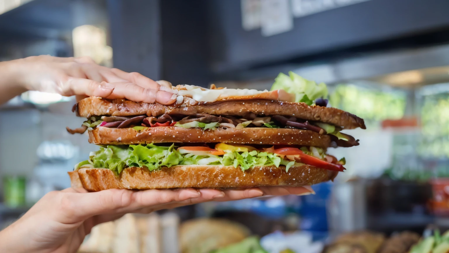 Make a giant sandwich tower in the photo.