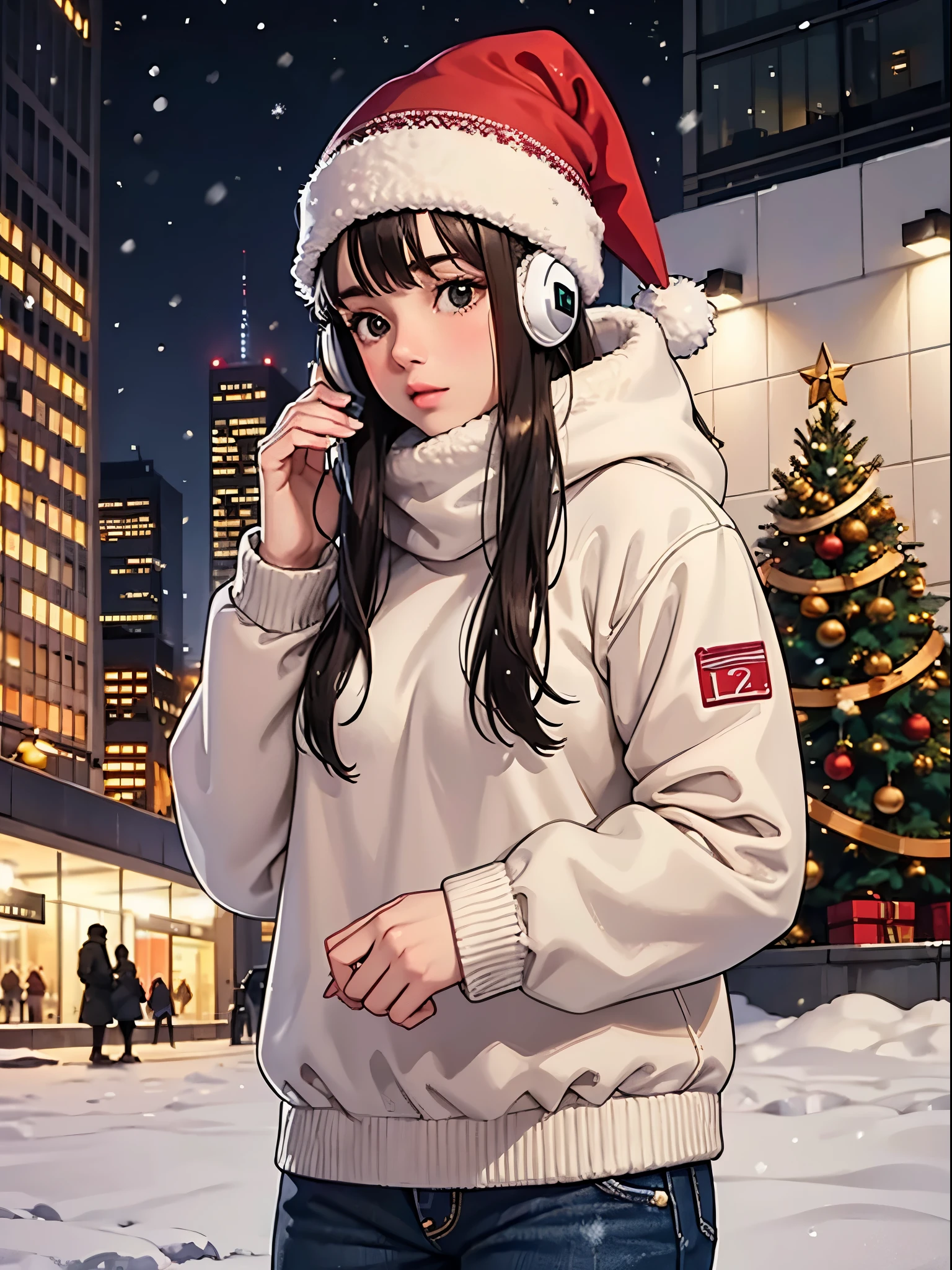 lofi relaxed one brunette girl with headphones, winter night, it's snowing a lot. beautiful winter landscape of New York Rockefeller Center with huge (Christmas trees). travel. tourist. christmas sweater, winter hat. long hair. cold breath.