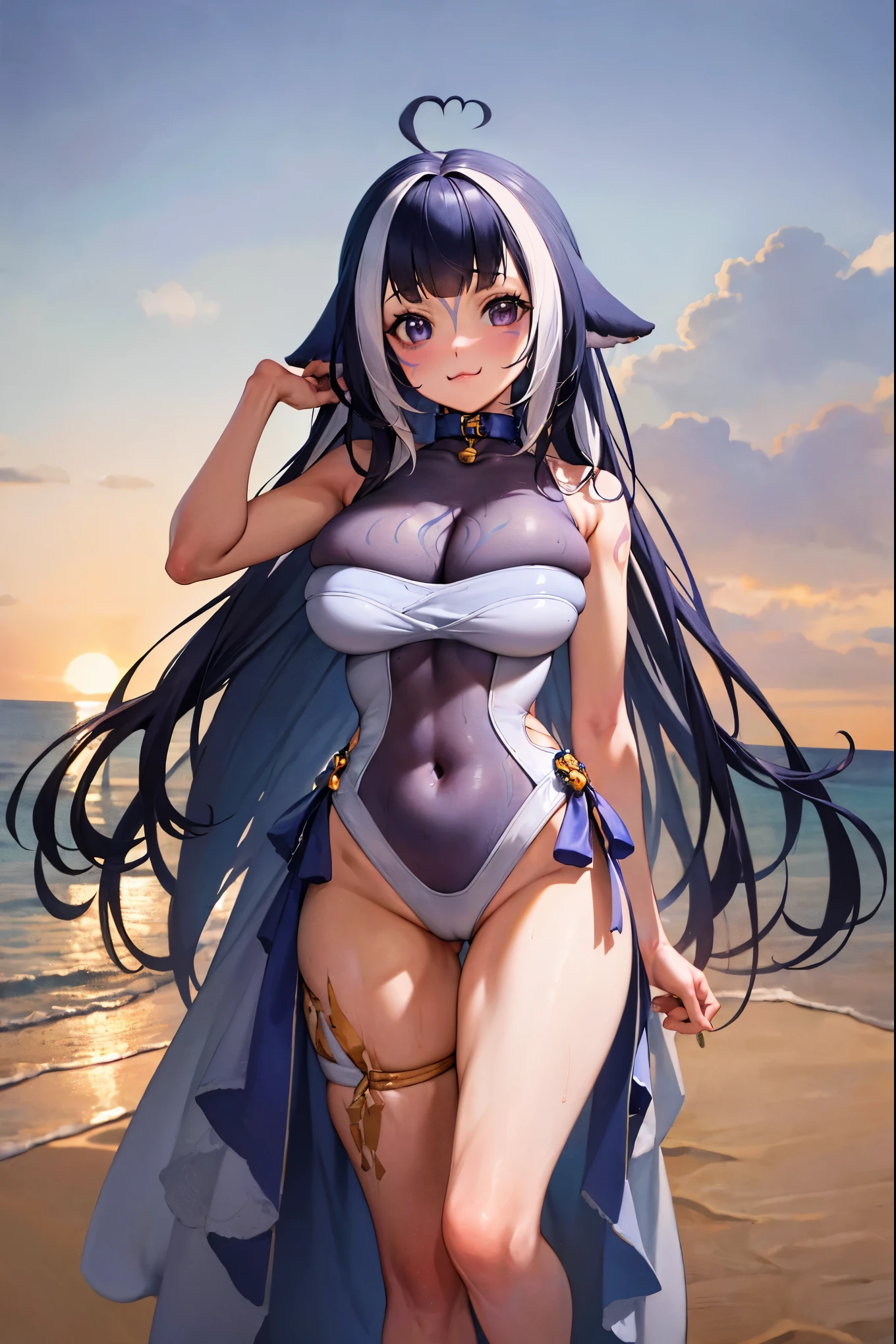 (masterpiece), (ultra-detailed), best quality, 8k, 1girl, solo, outdoors, beach, ocean, shylilythird, :3, large breasts, cleavage,one-piece swimsuit, swimsuit, covered navel, cetacean tail, bell, thighs,arms above head, bare arms, facial mark, standing, cowboy shot, 