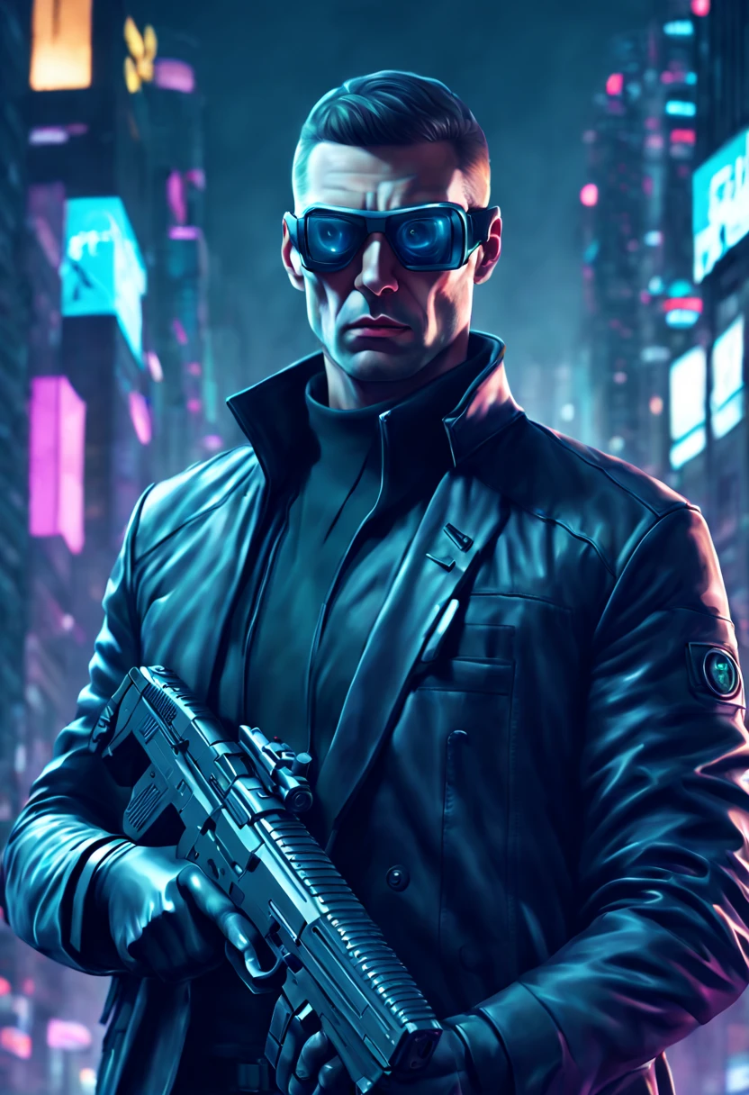 Digital painting of a {(((secret agent's face))), {(((one eye is looking towards camera but face is away))), {(((holding a silenced pistol in his hand and finger on trigger))), cyberpunk clothing, futuristic city background}}, volumetric lighting, ambient occlusion, professional photograph, highly detailed
